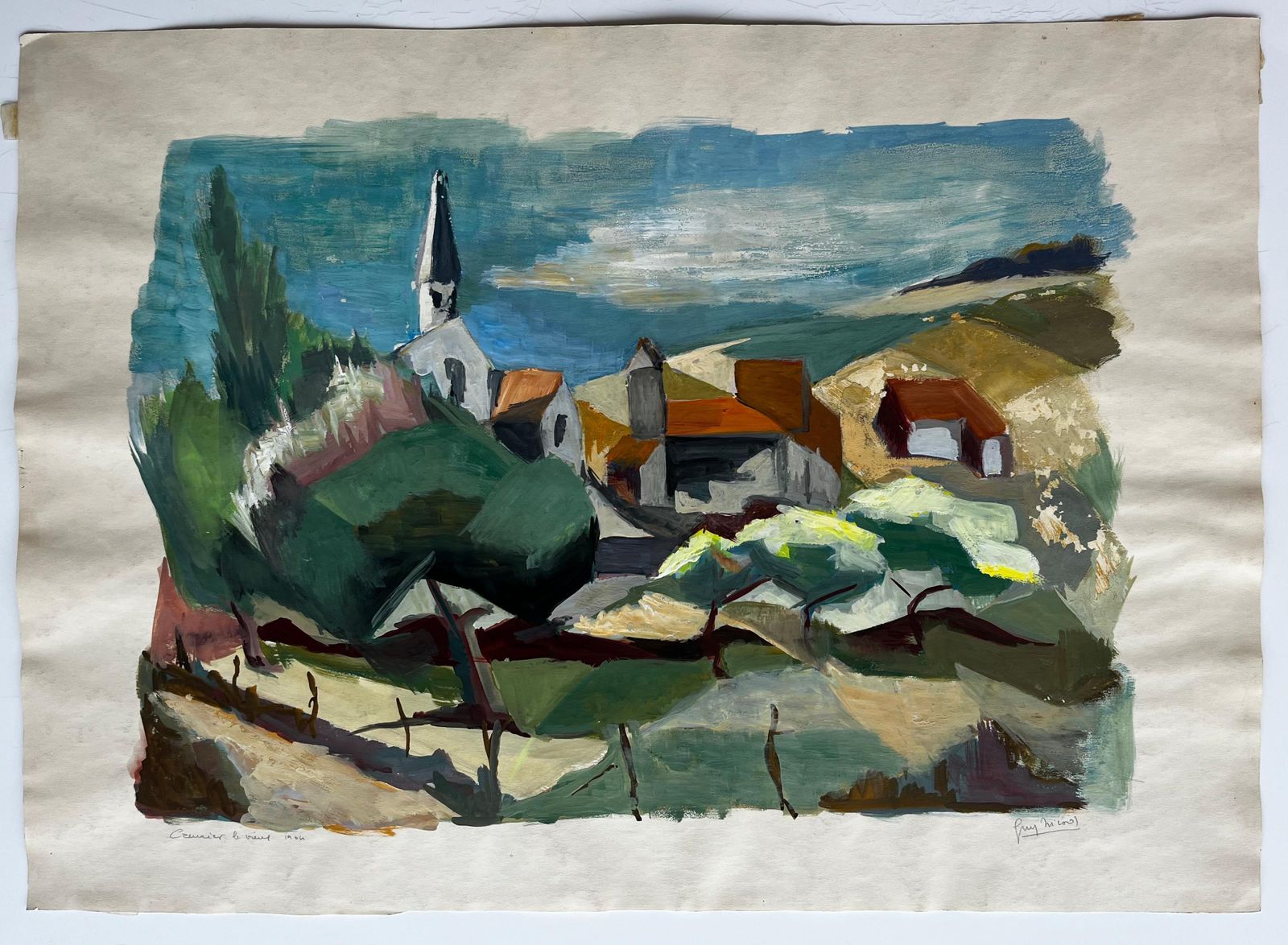 Guy Nicod Countryside Village With Church Steeple French Modern Landscape Painting 1964 photo for sale