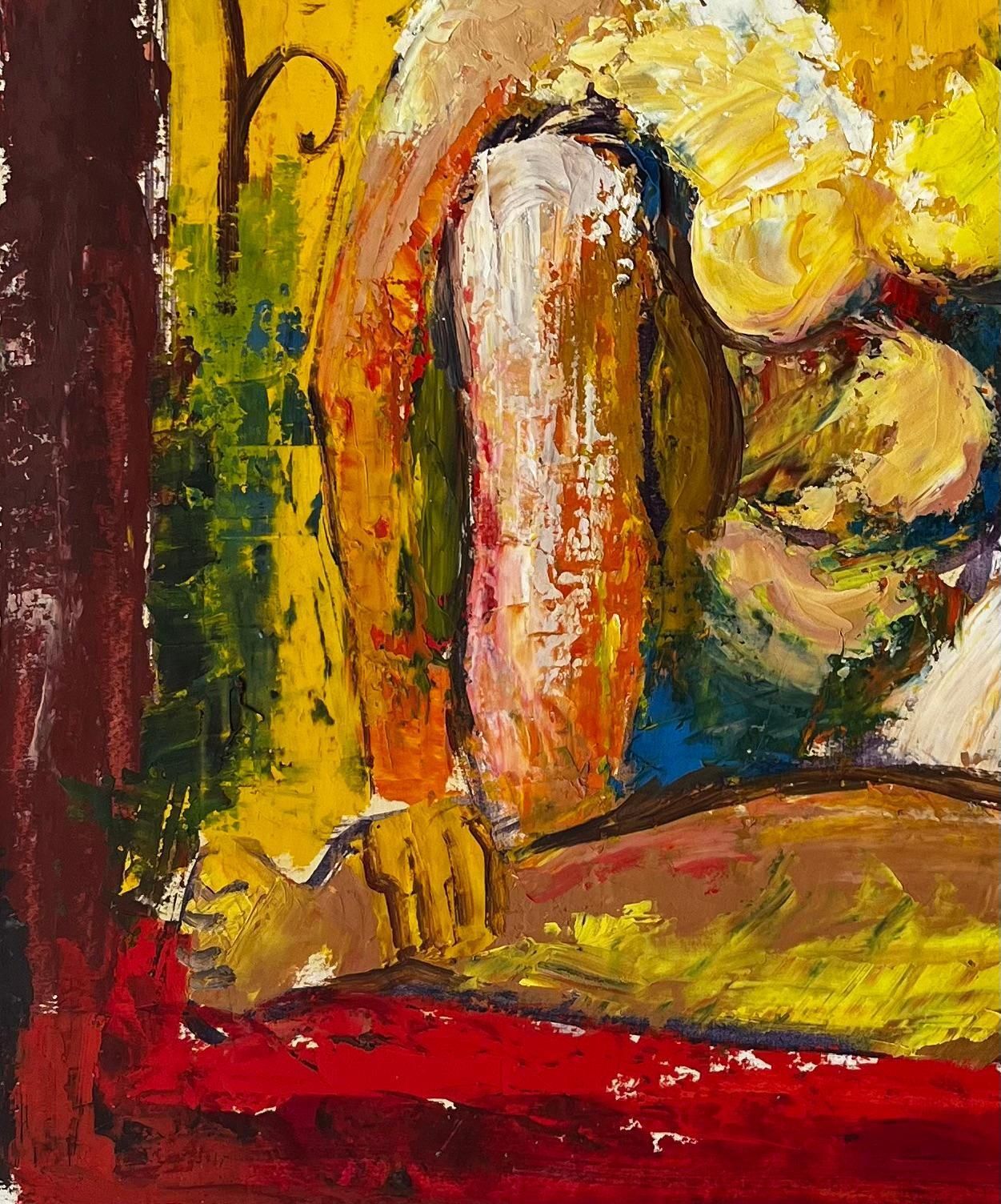 Guy Nicodseated Nude Woman Modernist Study French Gouache Painting In Bold Primary Colour photo vinterior
