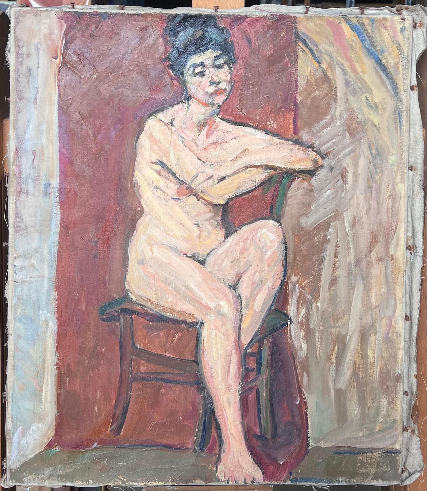 Suzanne Dinkesmid Century Impressionist Painting Nude Lady Posed On Chair In Red Interior1950's photo furniture