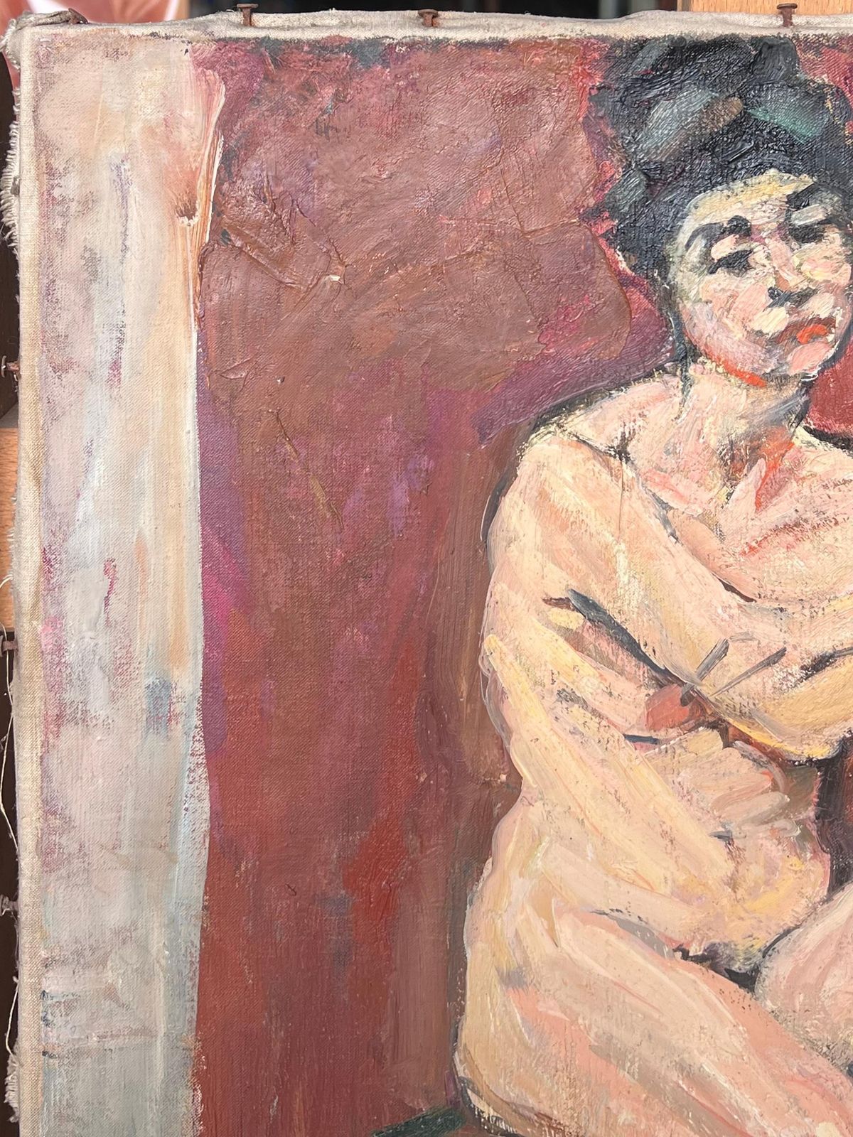 Suzanne Dinkesmid Century Impressionist Painting Nude Lady Posed On Chair In Red Interior1950's photo Art