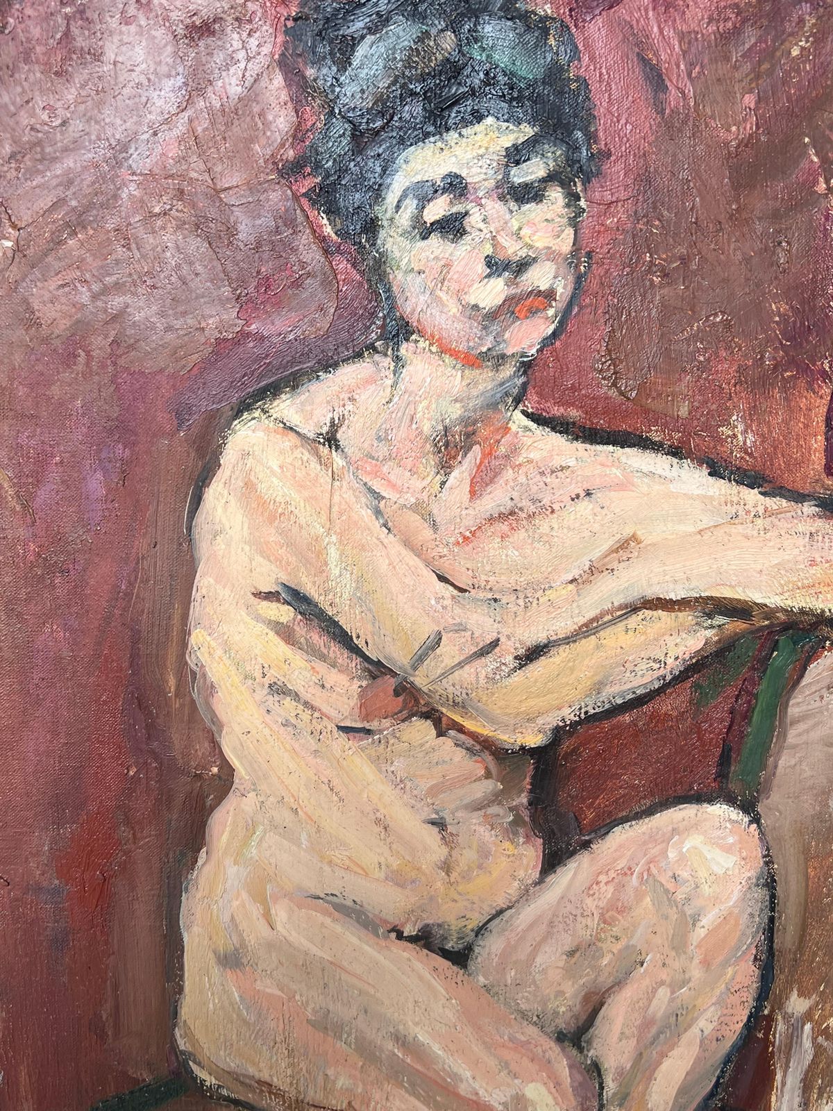 Suzanne Dinkesmid Century Impressionist Painting Nude Lady Posed On Chair In Red Interior1950's photo 560.0