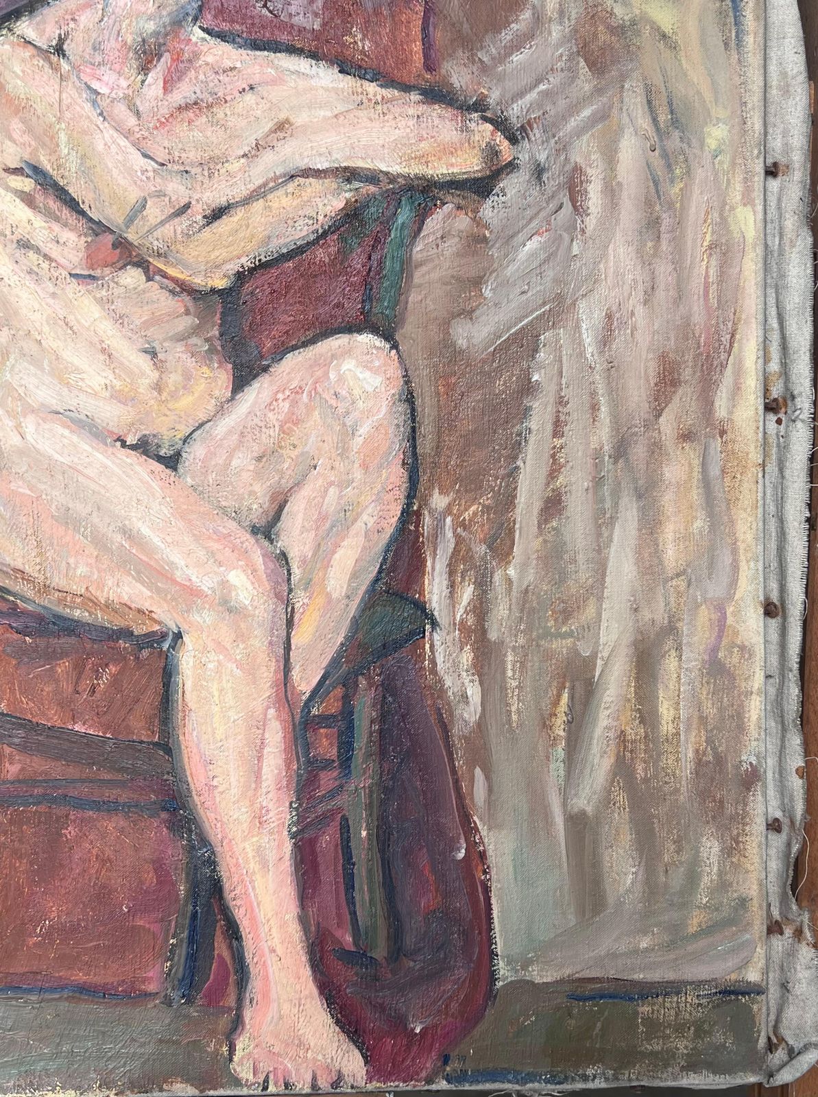 Suzanne Dinkesmid Century Impressionist Painting Nude Lady Posed On Chair In Red Interior1950's photo vintage