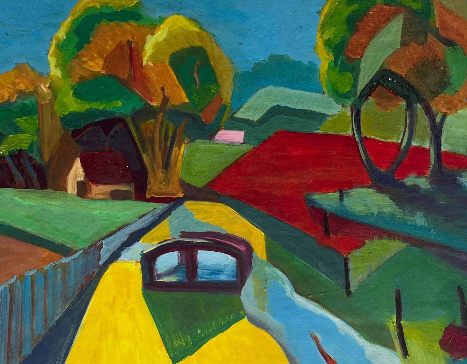 Guy Nicodcolourful Countryside Road With Bridge French Modern Landscape Gouache photo buy