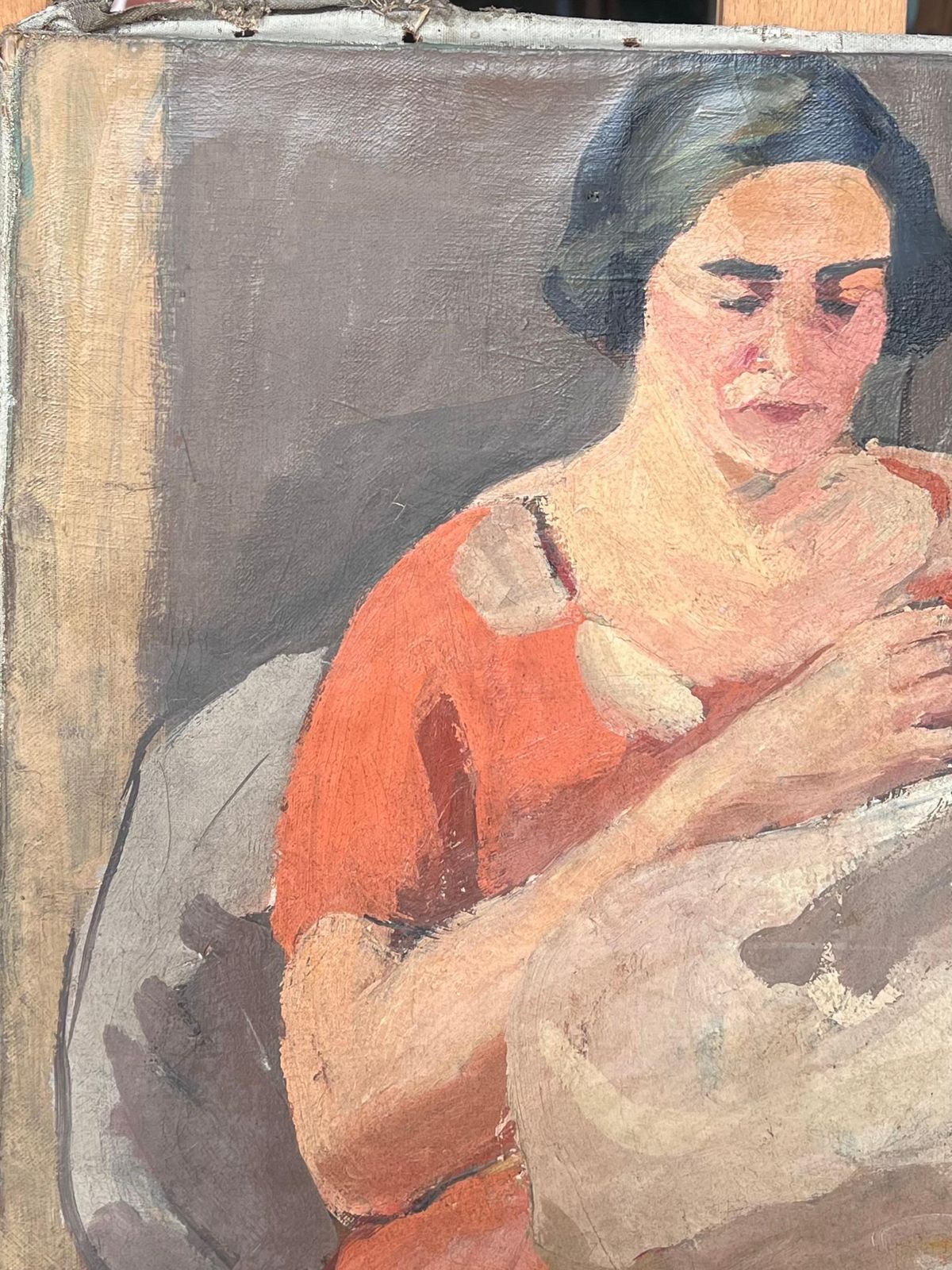 Suzanne Dinkeslady In Red Knitting A White Blanket Mid Century French Impressionist Painting1950's photo for sale