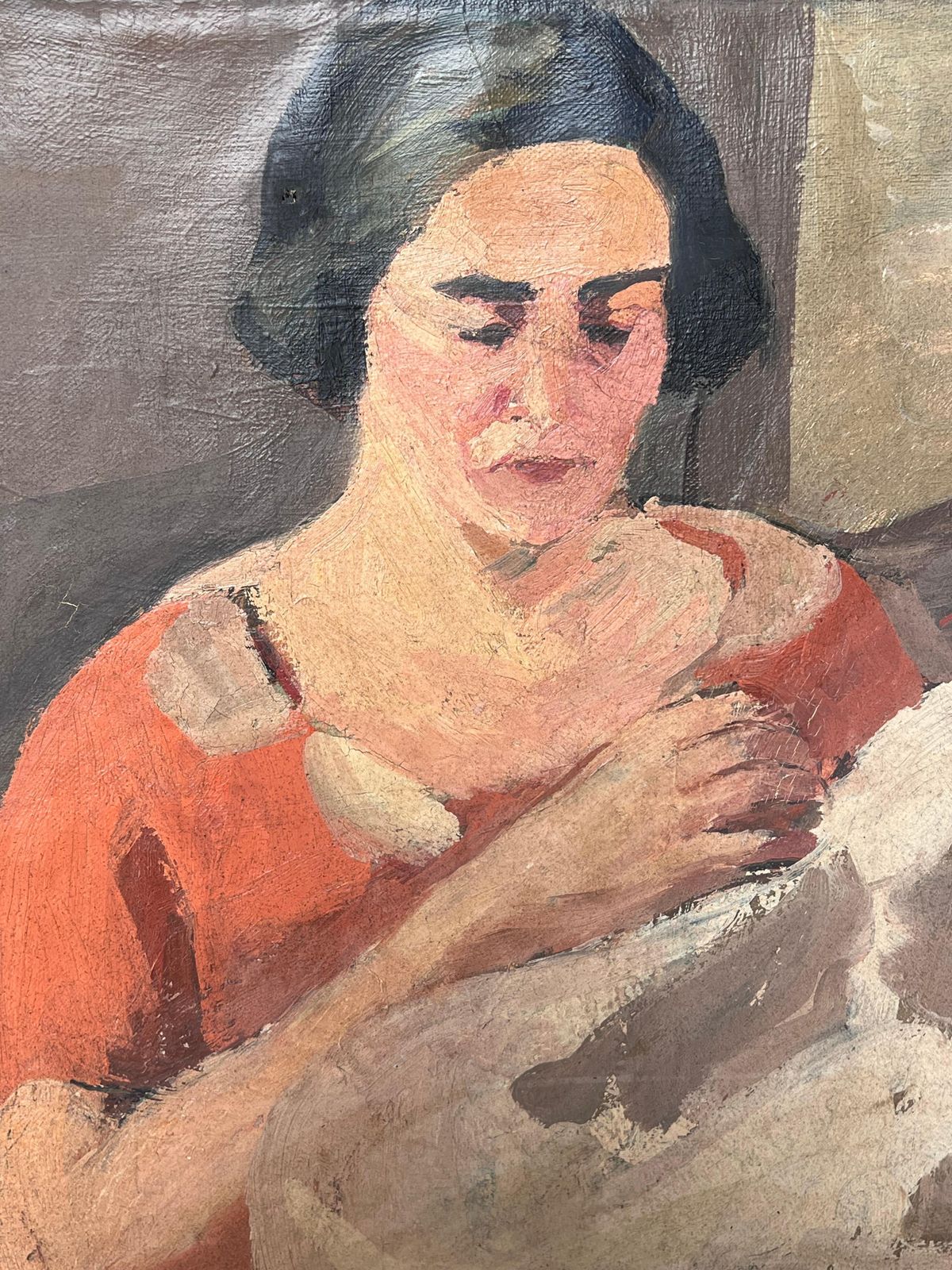 Suzanne Dinkeslady In Red Knitting A White Blanket Mid Century French Impressionist Painting1950's photo buy