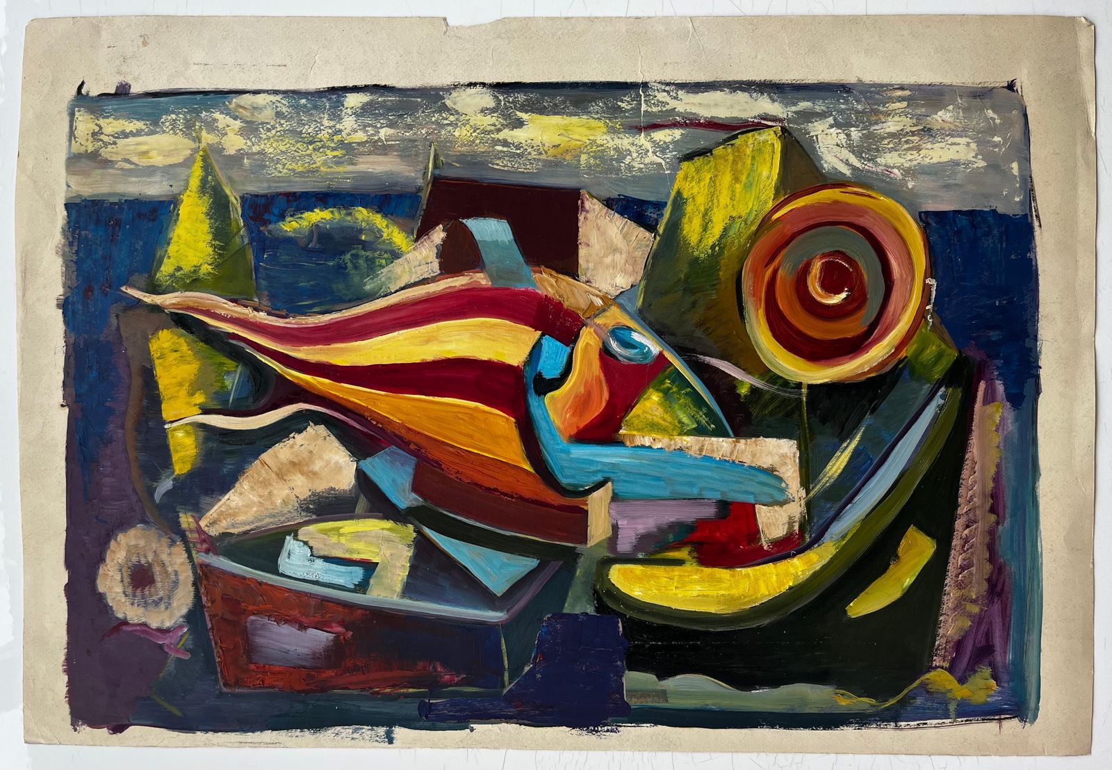 Guy Nicodabstract Surrealist Seascape With Vibrant Geometric Forms French Modernist Oil photo for sale