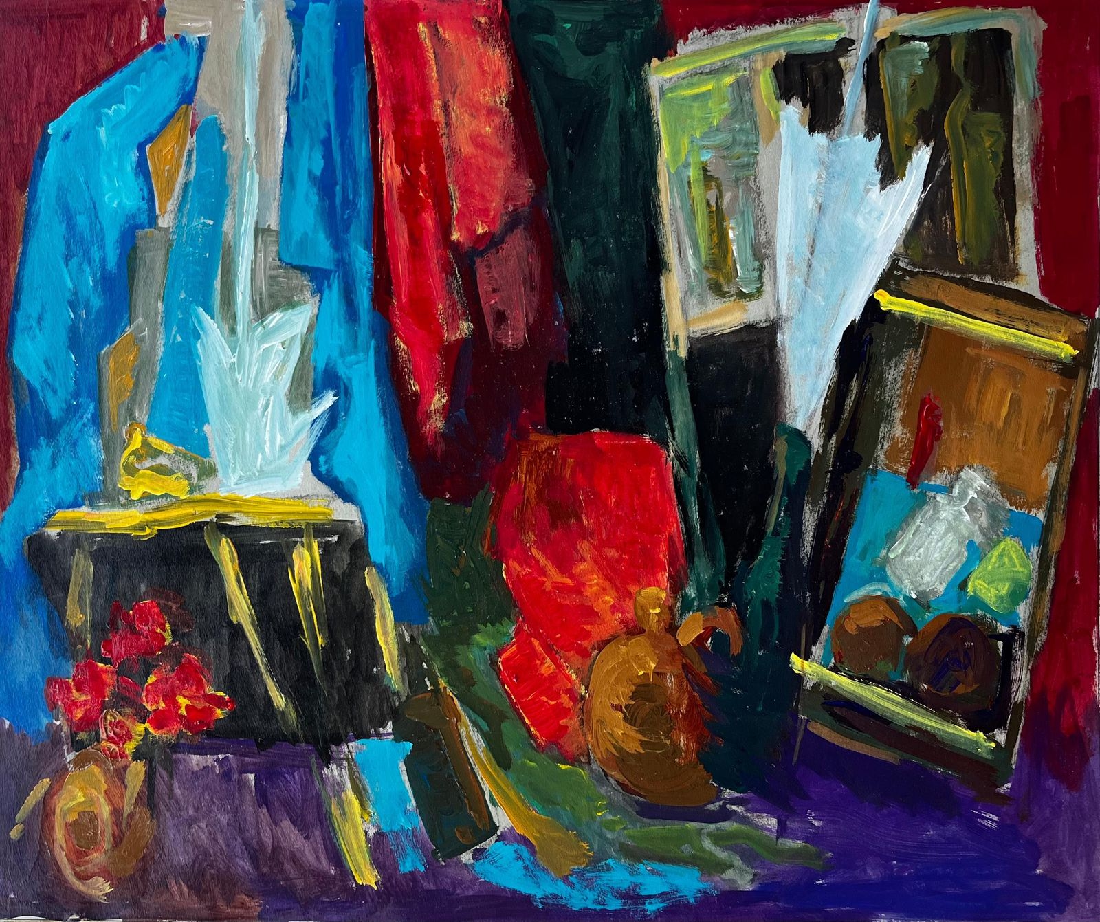 Guy Nicodfrench Modern Oil Colourful Still Life With Fabrics Bottles And Picture Frames