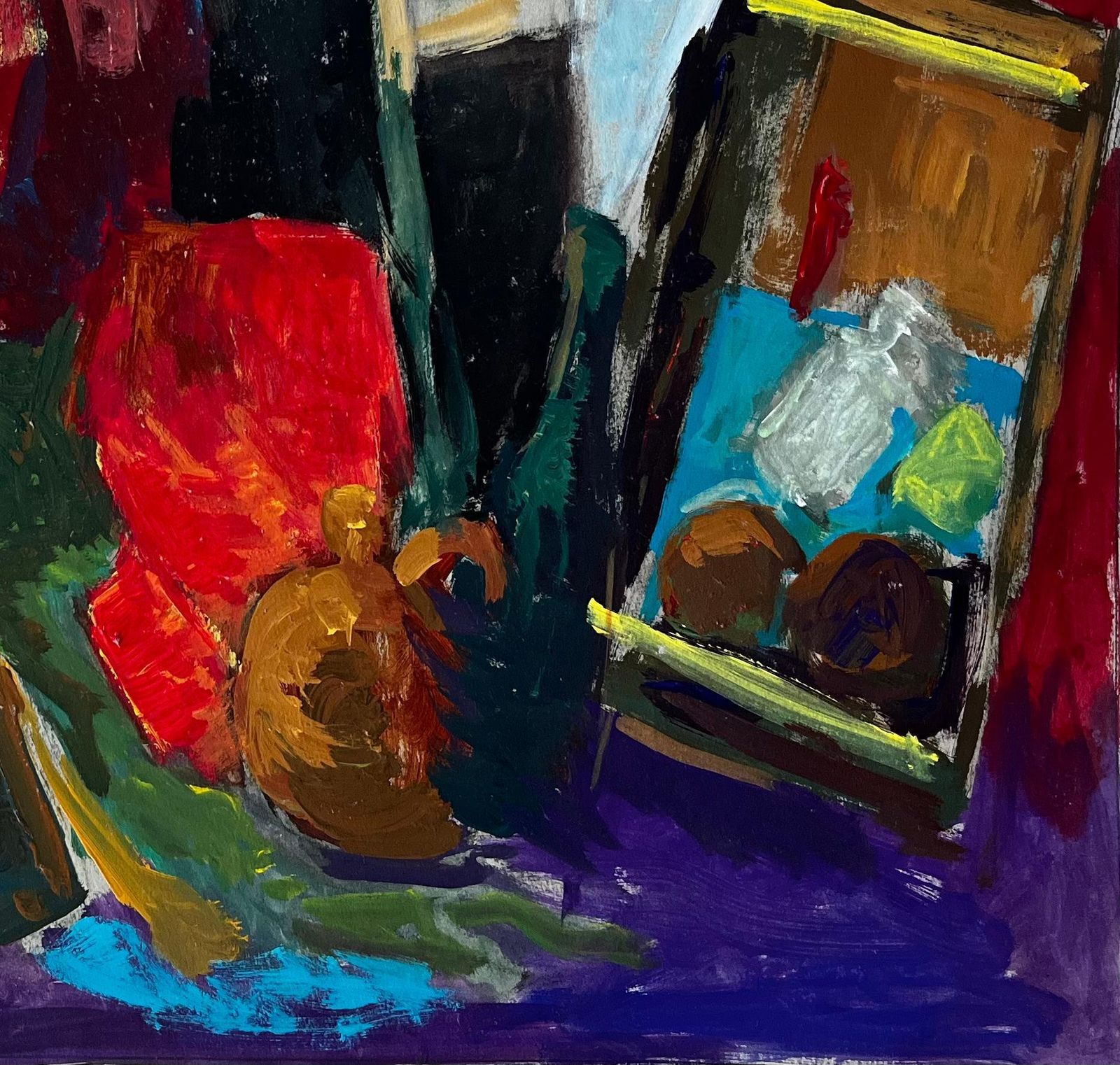 Guy Nicodfrench Modern Oil Colourful Still Life With Fabrics Bottles And Picture Frames photo for sale