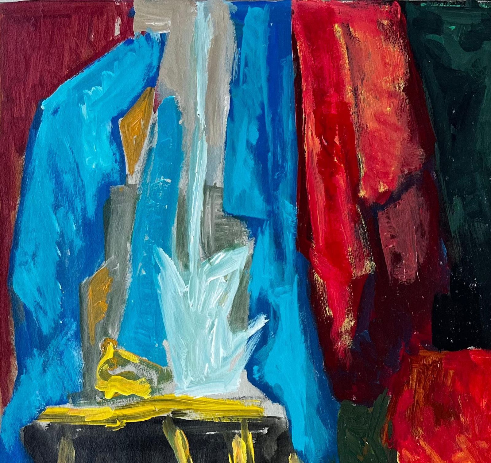 Guy Nicodfrench Modern Oil Colourful Still Life With Fabrics Bottles And Picture Frames photo 794.0