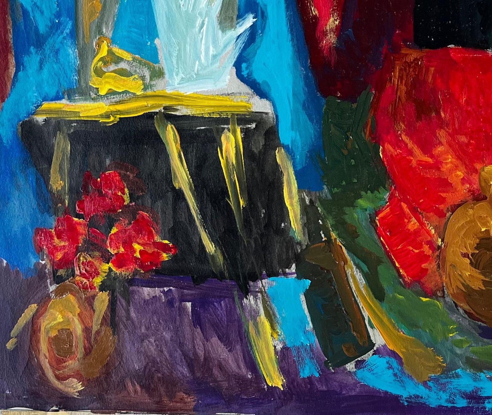 Guy Nicodfrench Modern Oil Colourful Still Life With Fabrics Bottles And Picture Frames photo vinterior
