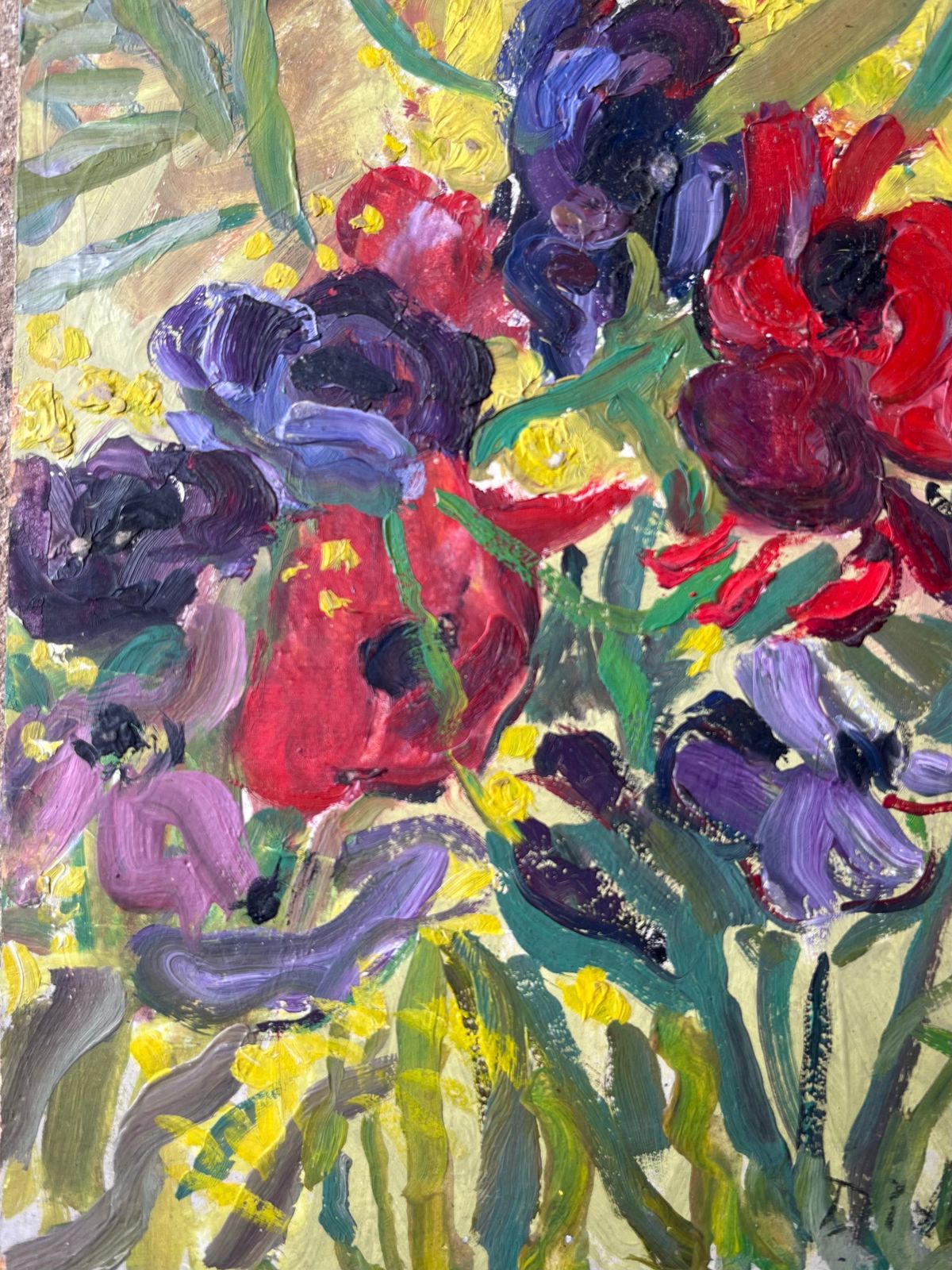 Suzanne Dinkespurple & Red Plant In A Yellow Room Mid Century French Impressionist Painting1950's photo for sale