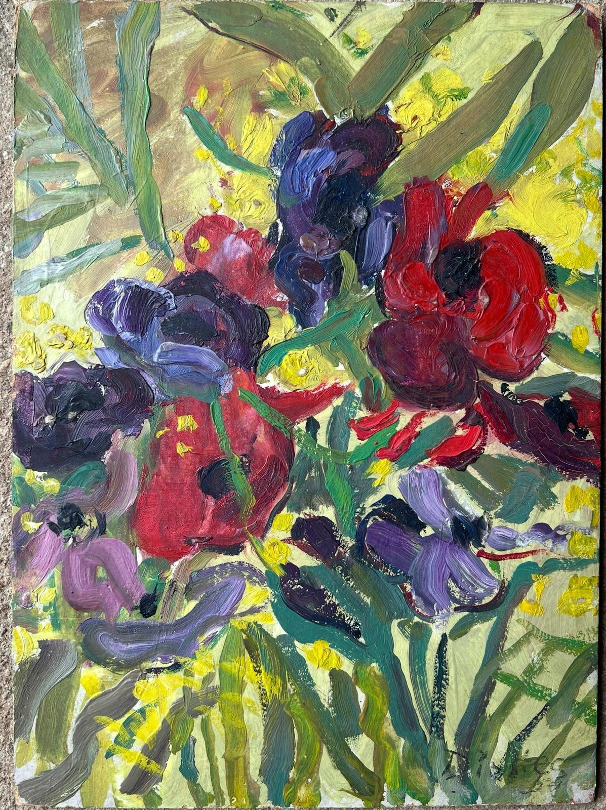 Suzanne Dinkespurple & Red Plant In A Yellow Room Mid Century French Impressionist Painting1950's photo 382.0