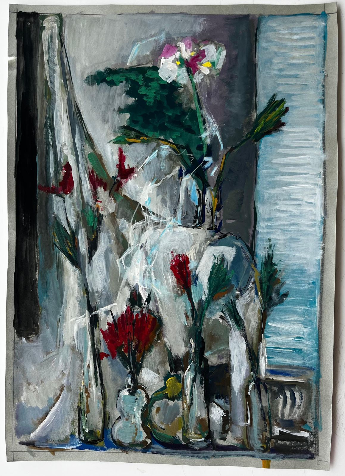 Floral Still Life With White Drapery French Modern Gouache Painting By Guy Nicod photo furniture