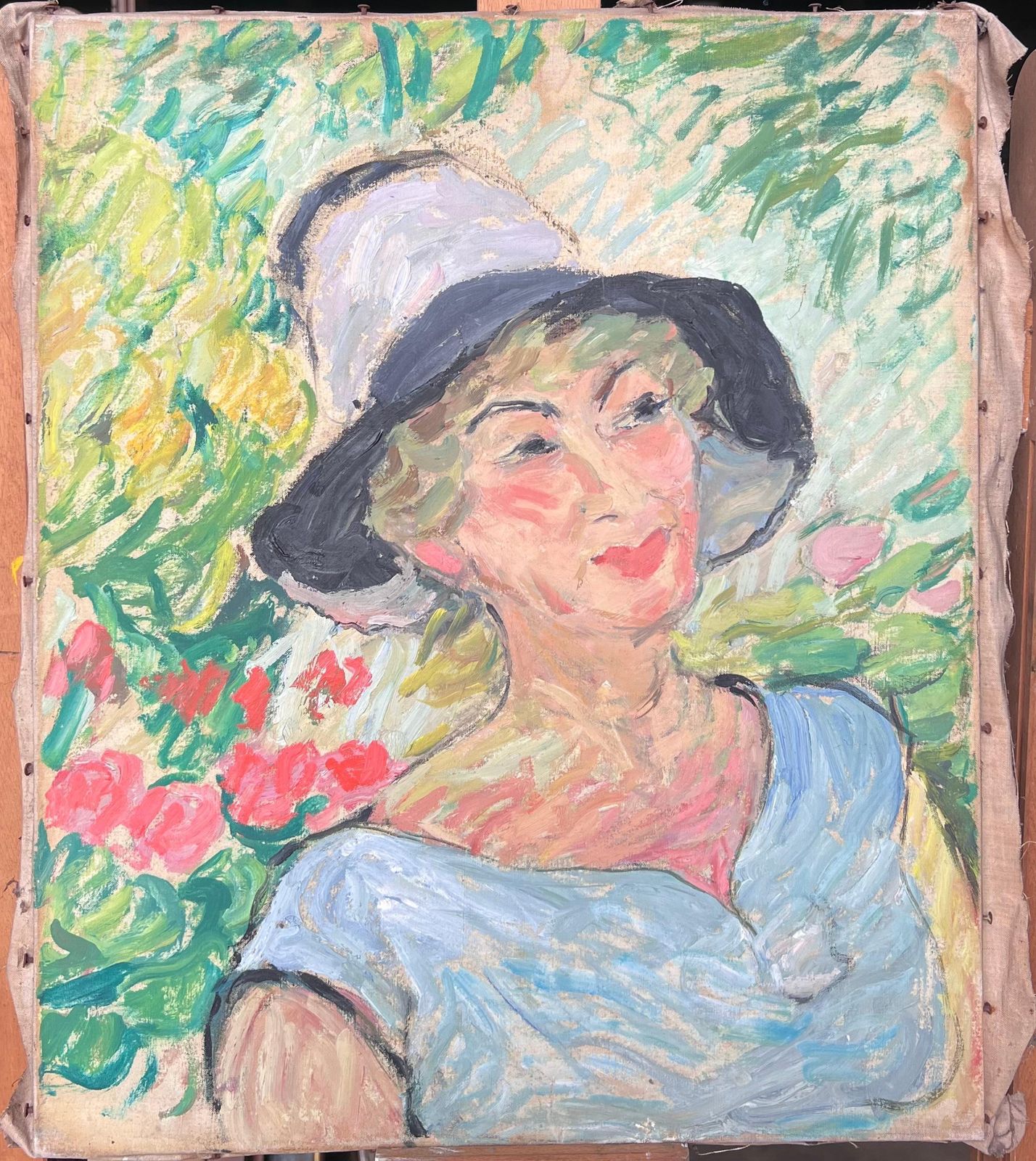 Suzanne Dinkesblonde Lady In A Summers Day Garden Mid Century French Impressionist Painting1950's photo furniture