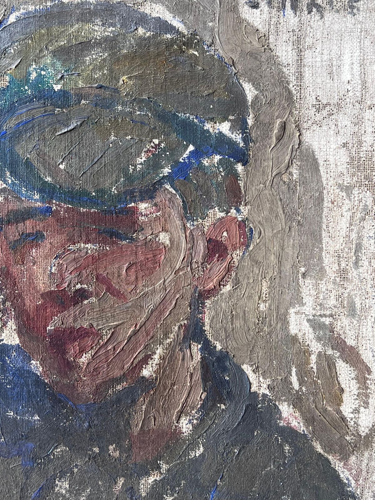 Suzanne Dinkesdapper Young Male In Blue Cap Portrait Mid Century French Impressionist Painting1950's photo for sale