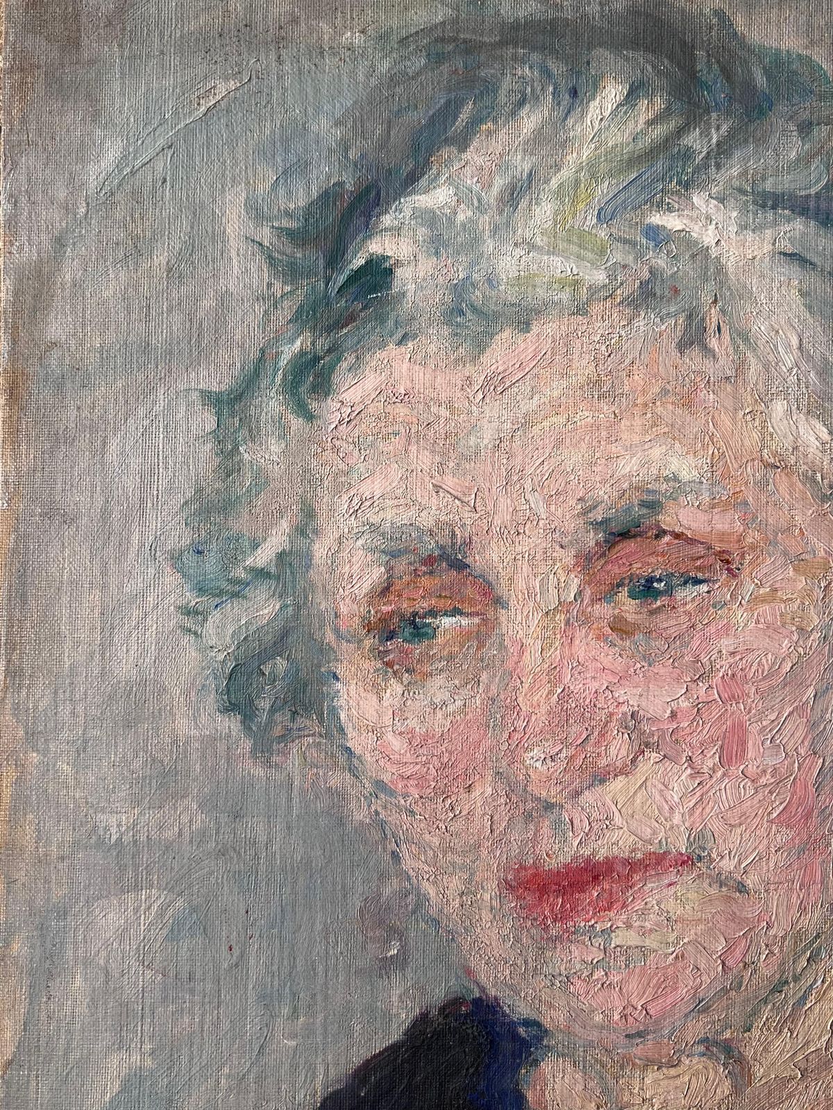 Suzanne Dinkesmid Century French Painting Of A Elder Lady Grey Haired Lady In A Blue V Neck1950's photo for sale