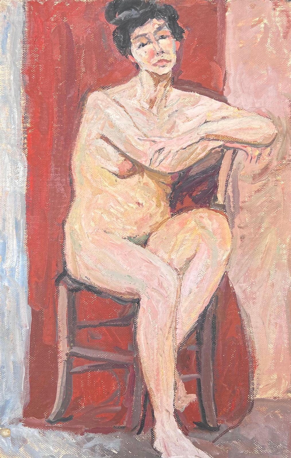 Suzanne Dinkesnude Lady On Stall In Red Interior Mid Century French Impressionist Painting1950's