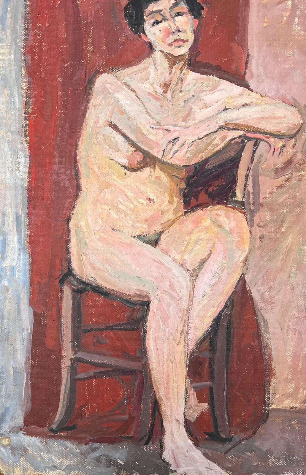 Suzanne Dinkesnude Lady On Stall In Red Interior Mid Century French Impressionist Painting1950's photo vinterior
