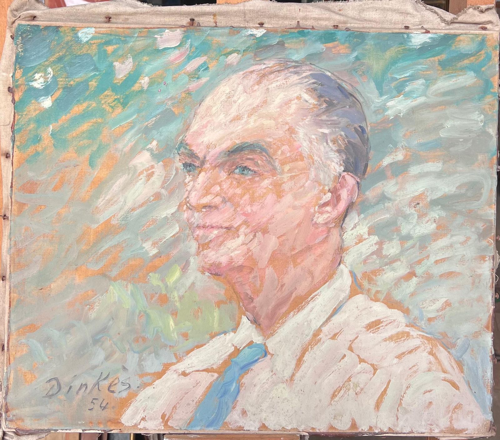 Suzanne Dinkesgrey Haired Gentleman In Blue Tie Mid Century French Impressionist Painting1950's photo furniture