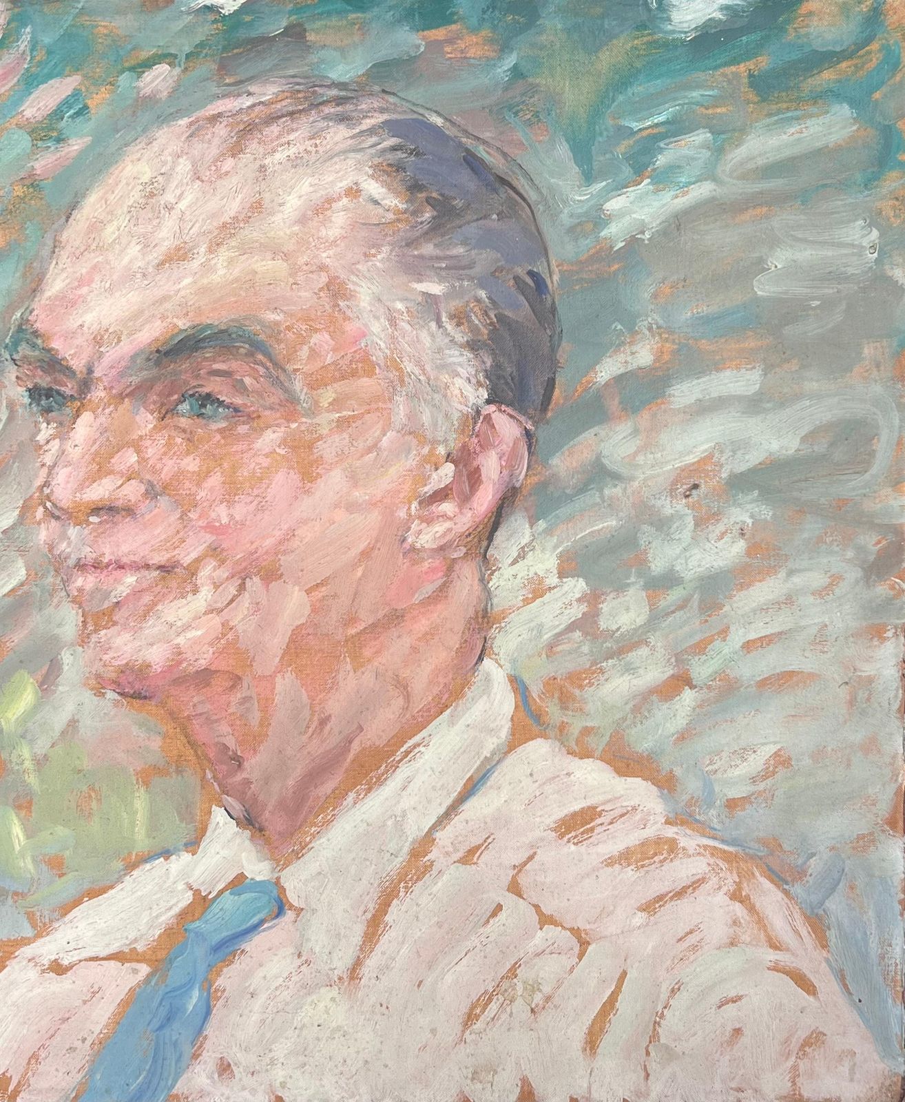 Suzanne Dinkesgrey Haired Gentleman In Blue Tie Mid Century French Impressionist Painting1950's photo for sale