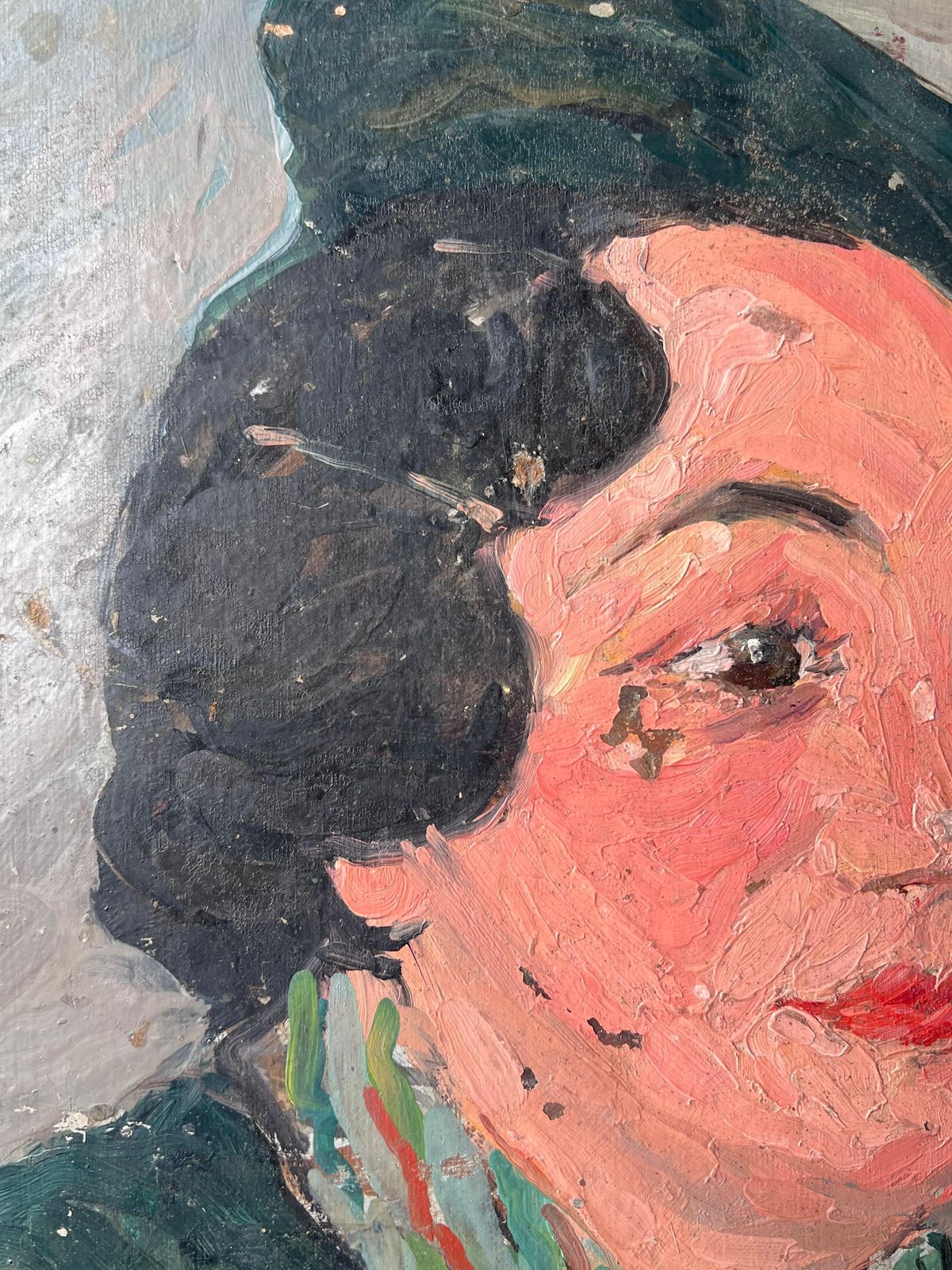 Suzanne Dinkesmid Century Impressionist Painting Stylish Lady In Green Wearing A Green Beret1950's photo for sale