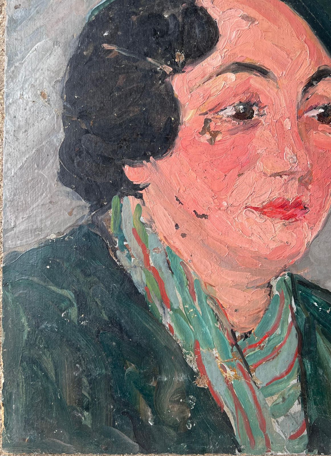 Suzanne Dinkesmid Century Impressionist Painting Stylish Lady In Green Wearing A Green Beret1950's photo 763.0
