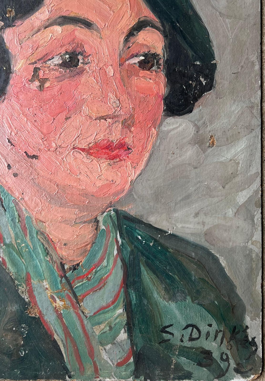Suzanne Dinkesmid Century Impressionist Painting Stylish Lady In Green Wearing A Green Beret1950's photo vinterior