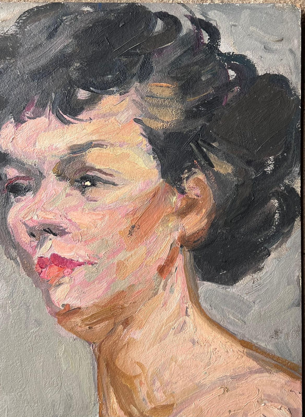 Suzanne Dinkesmid Century French Impressionist Painting Portrait Of A Nude Black Haired Lady1950's photo for sale