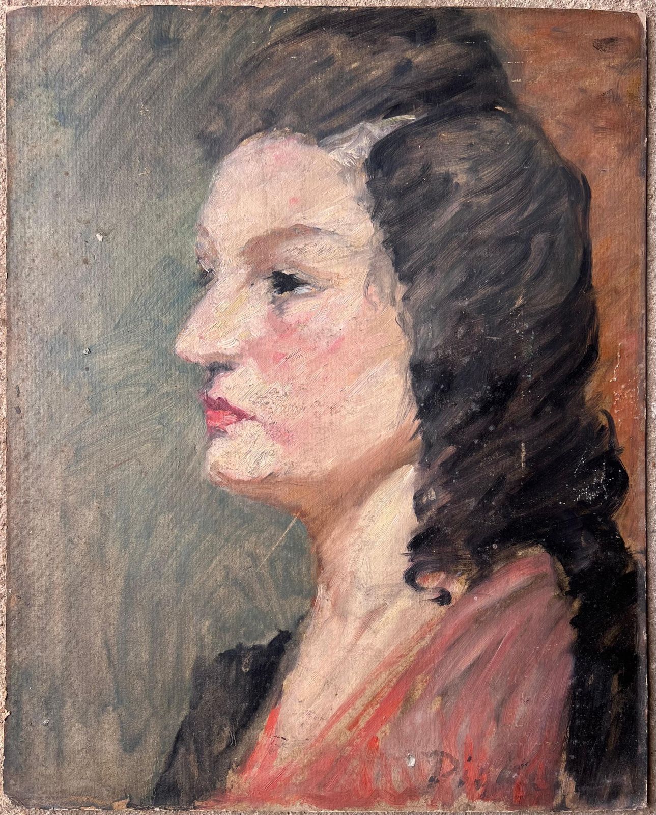 Suzanne Dinkesmid Century French Impressionist Painting Side Profile Portrait Of A Chic Lady1950's photo for sale