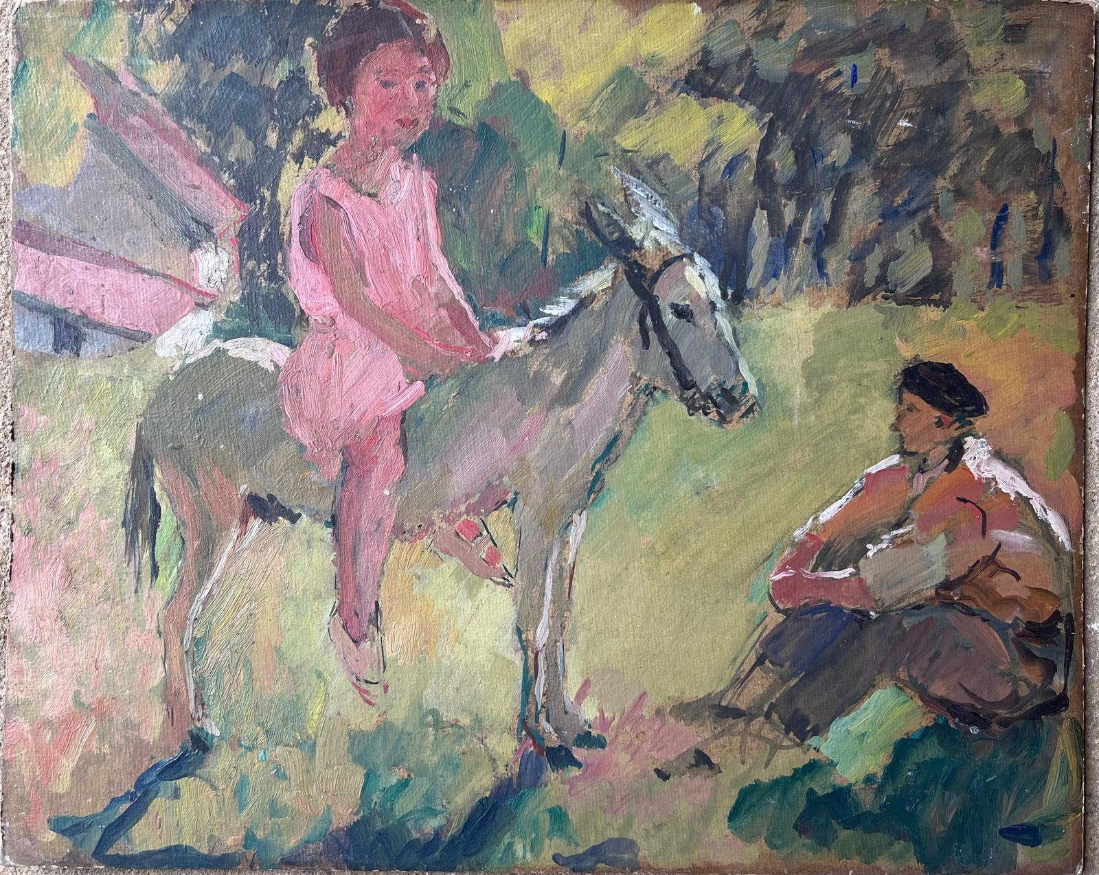 Suzanne Dinkesmid Century French Impressionist Oil Painting Girl Horse Riding With Her Teacher1950's photo furniture