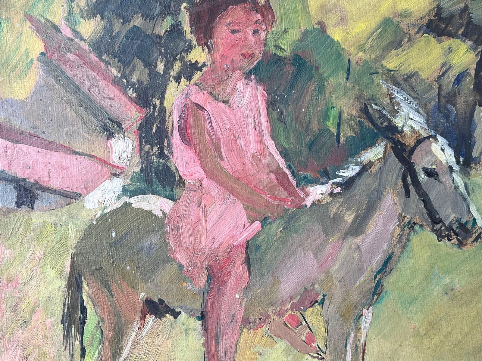 Suzanne Dinkesmid Century French Impressionist Oil Painting Girl Horse Riding With Her Teacher1950's photo for sale