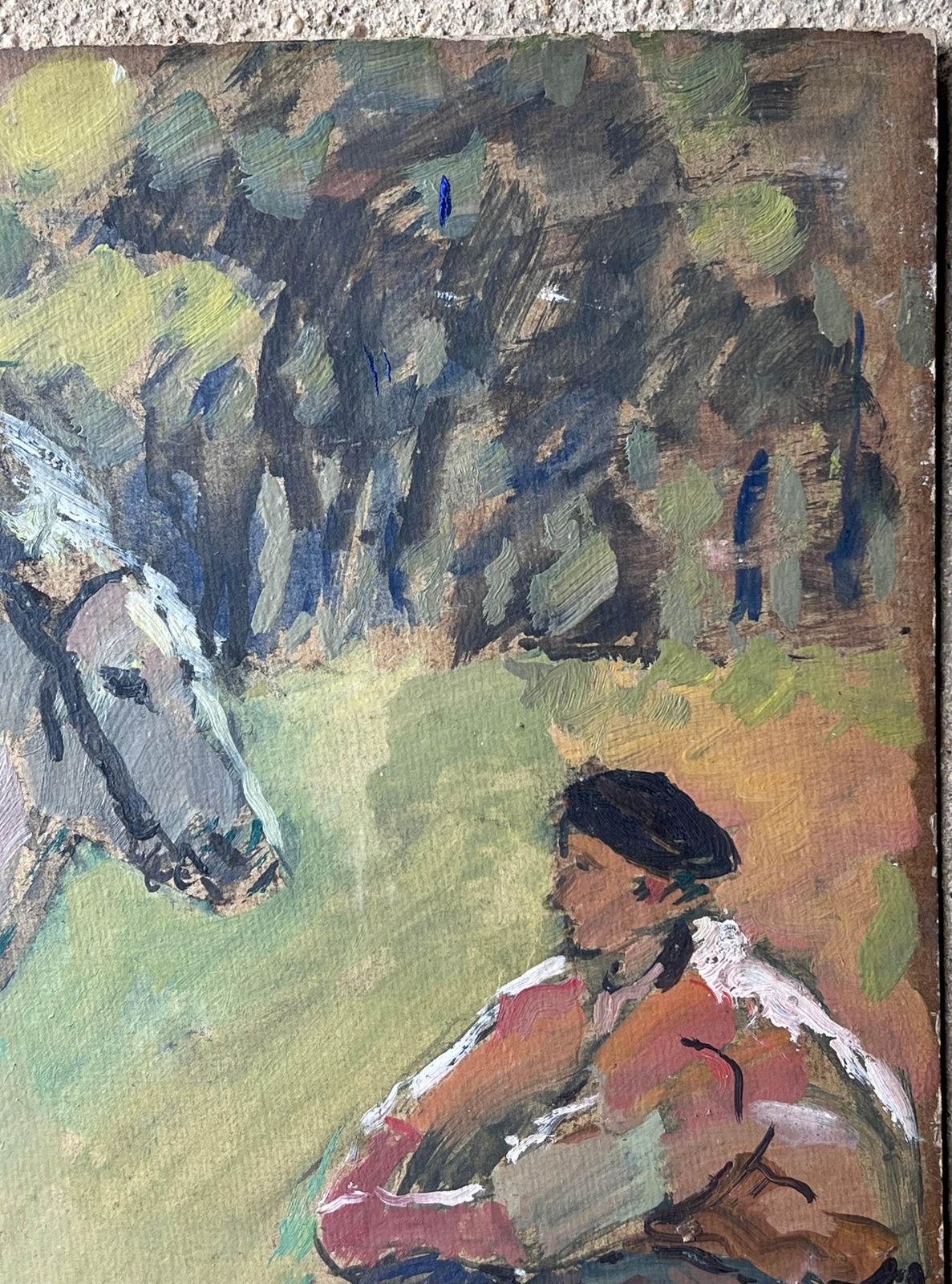 Suzanne Dinkesmid Century French Impressionist Oil Painting Girl Horse Riding With Her Teacher1950's photo Art