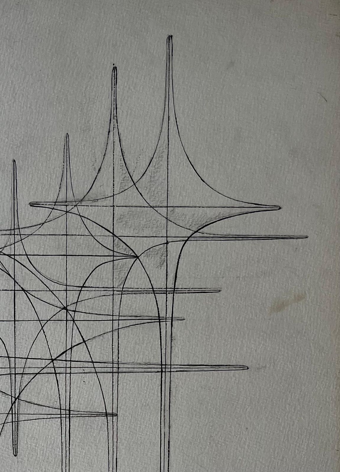 Serge Guerin (1916)mid Century French Linear Geometric Abstract Drawing In Black Ink On Paper photo for sale