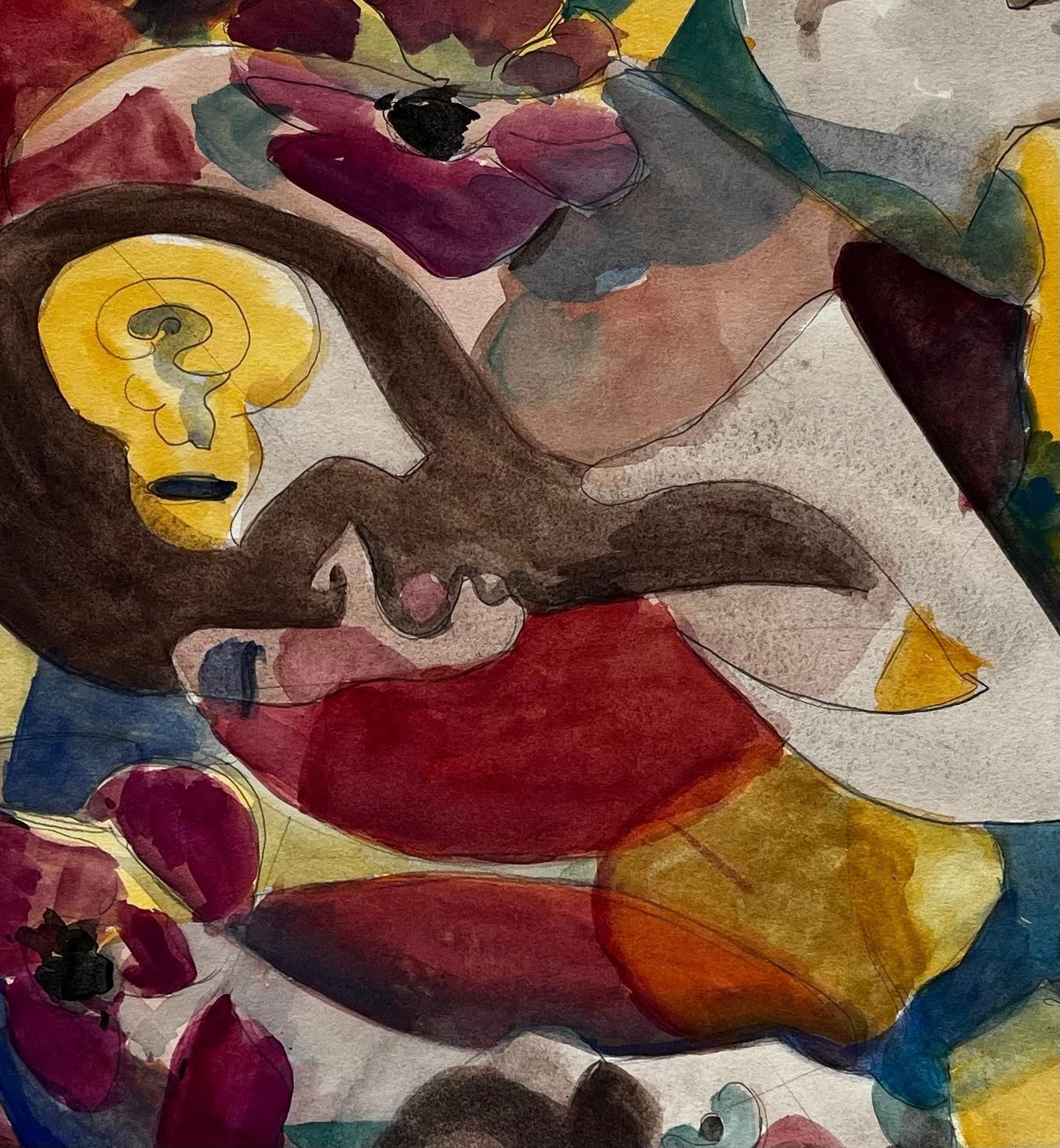 Guy Nicodabstract Figurative Composition With Flowers And Yellow Ground French Gouache photo buy