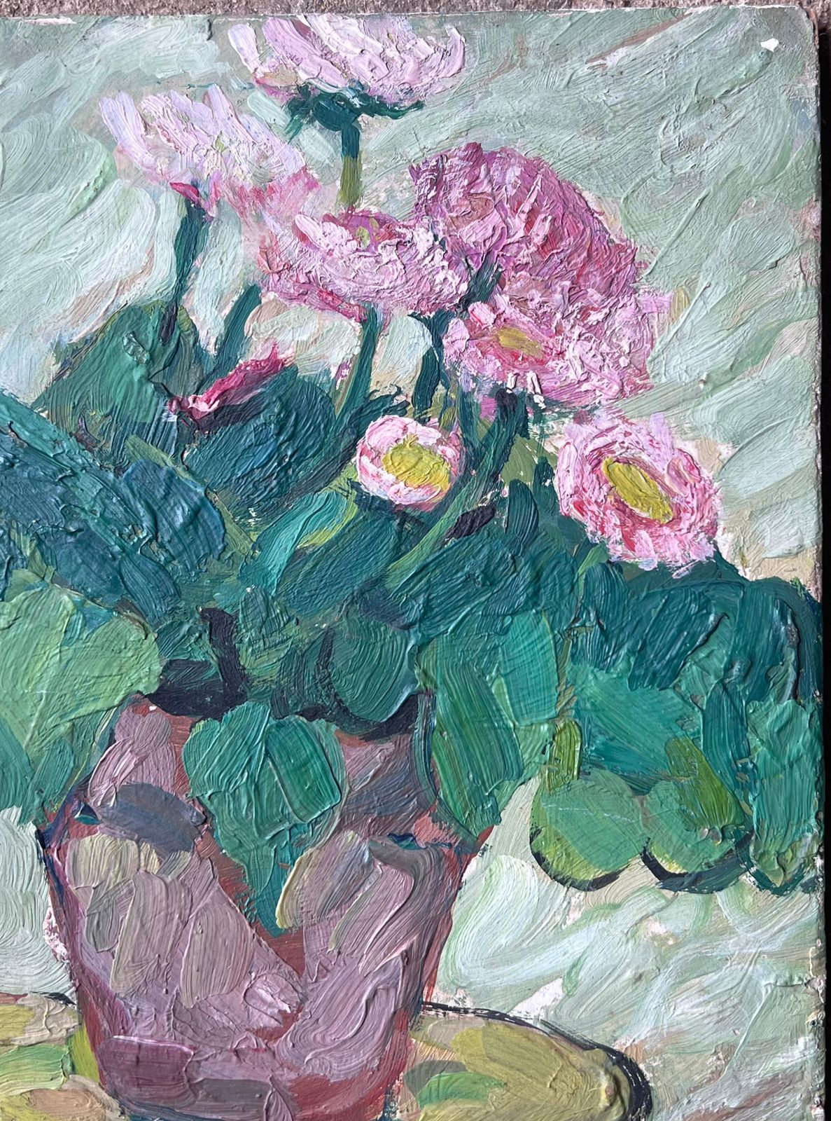 Suzanne Dinkesmid Century French Impressionist Oil Painting Pink Daises In Brown Plant Pot1950's photo Art