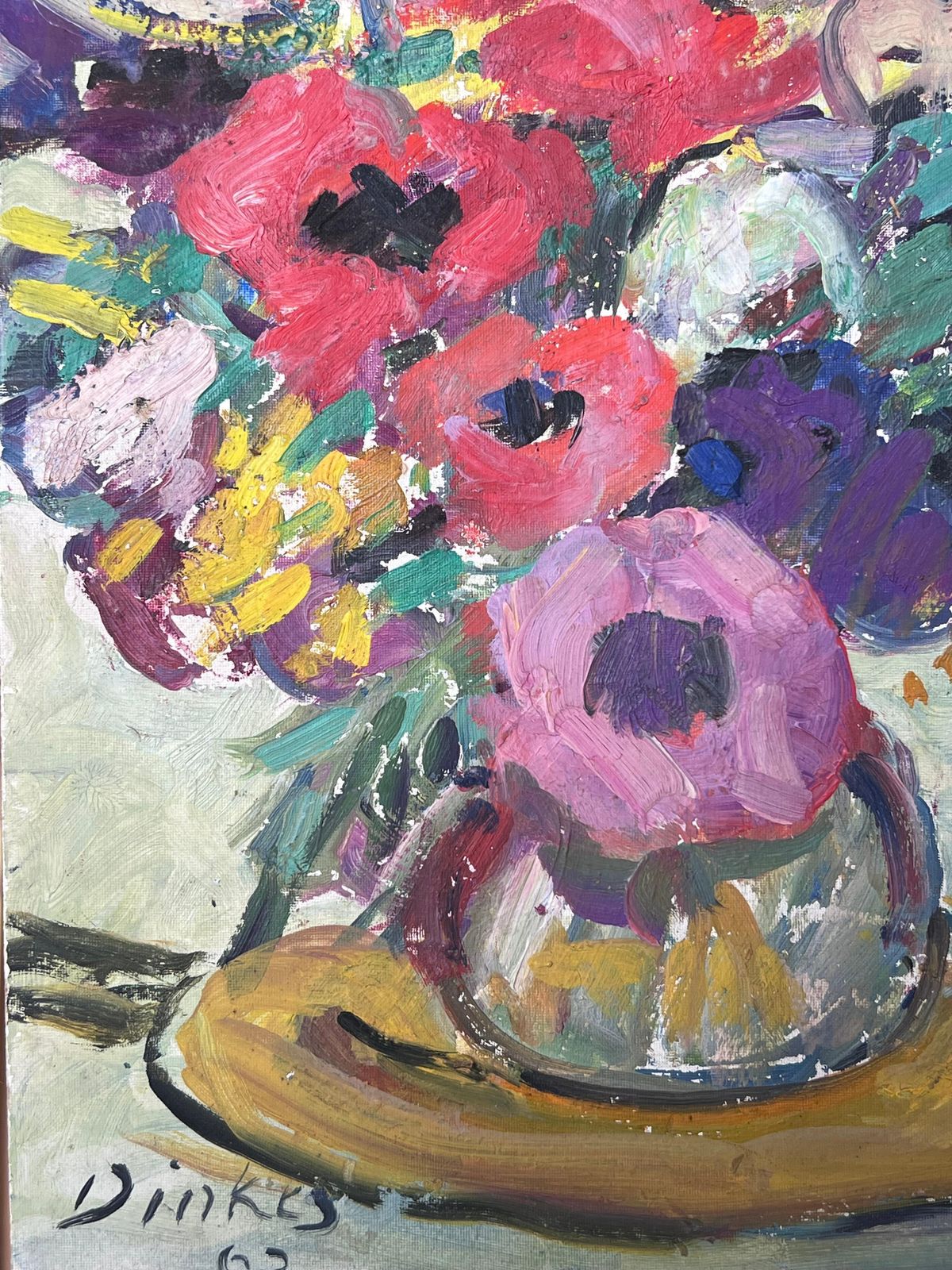Suzanne Dinkesmid Century French Impressionist Signed Oil Colorful Flowers In Vase1960's photo for sale