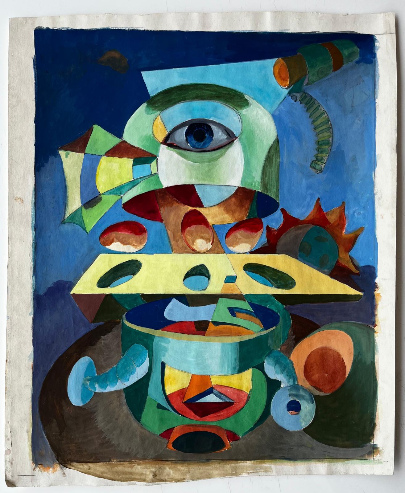 Guy Nicod Surreal Abstract Composition With Central Eye And Geometric Forms French Gouache photo furniture