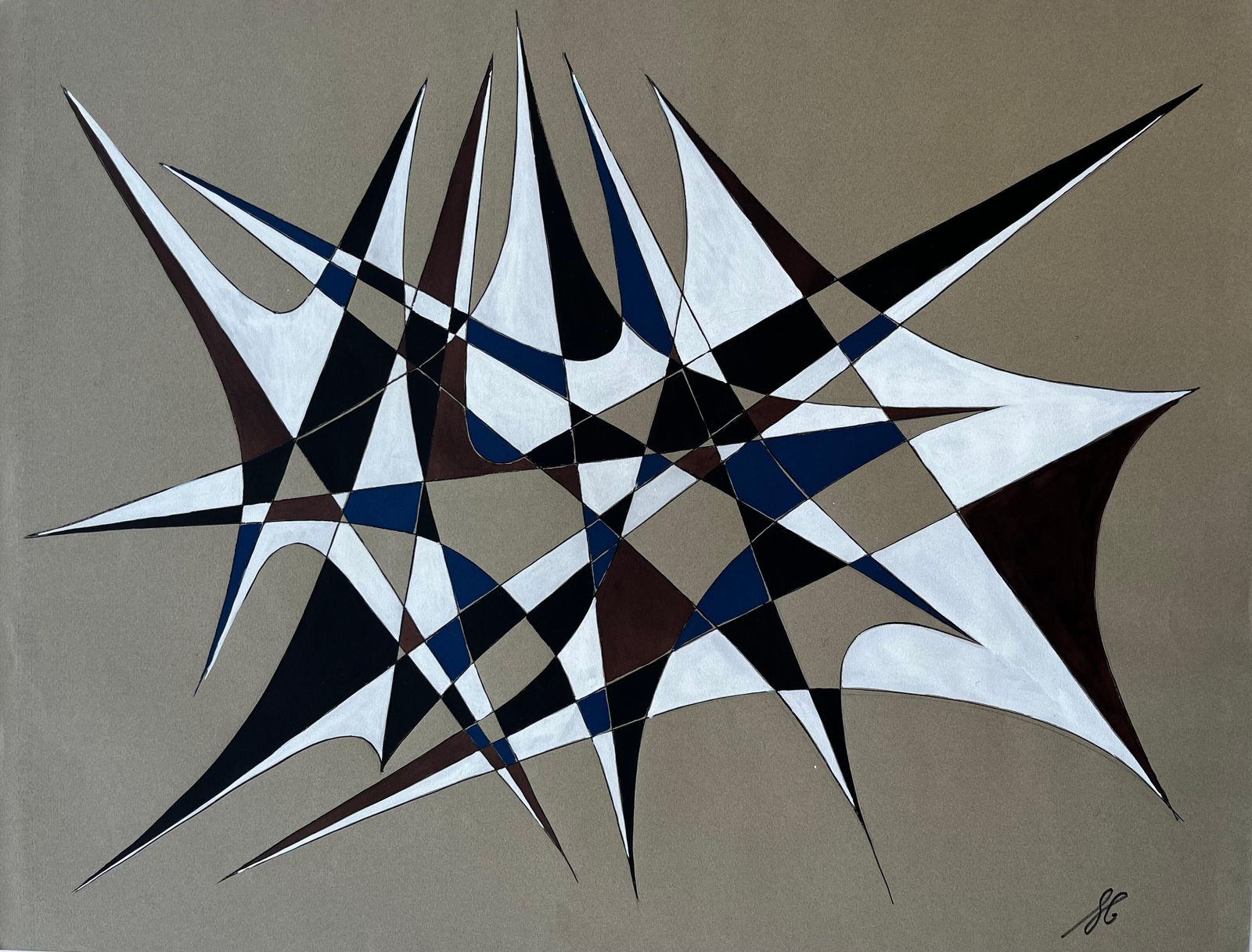 Serge Guerin (1916)mid Century French Geometric Abstract In Blue Brown And White Signed