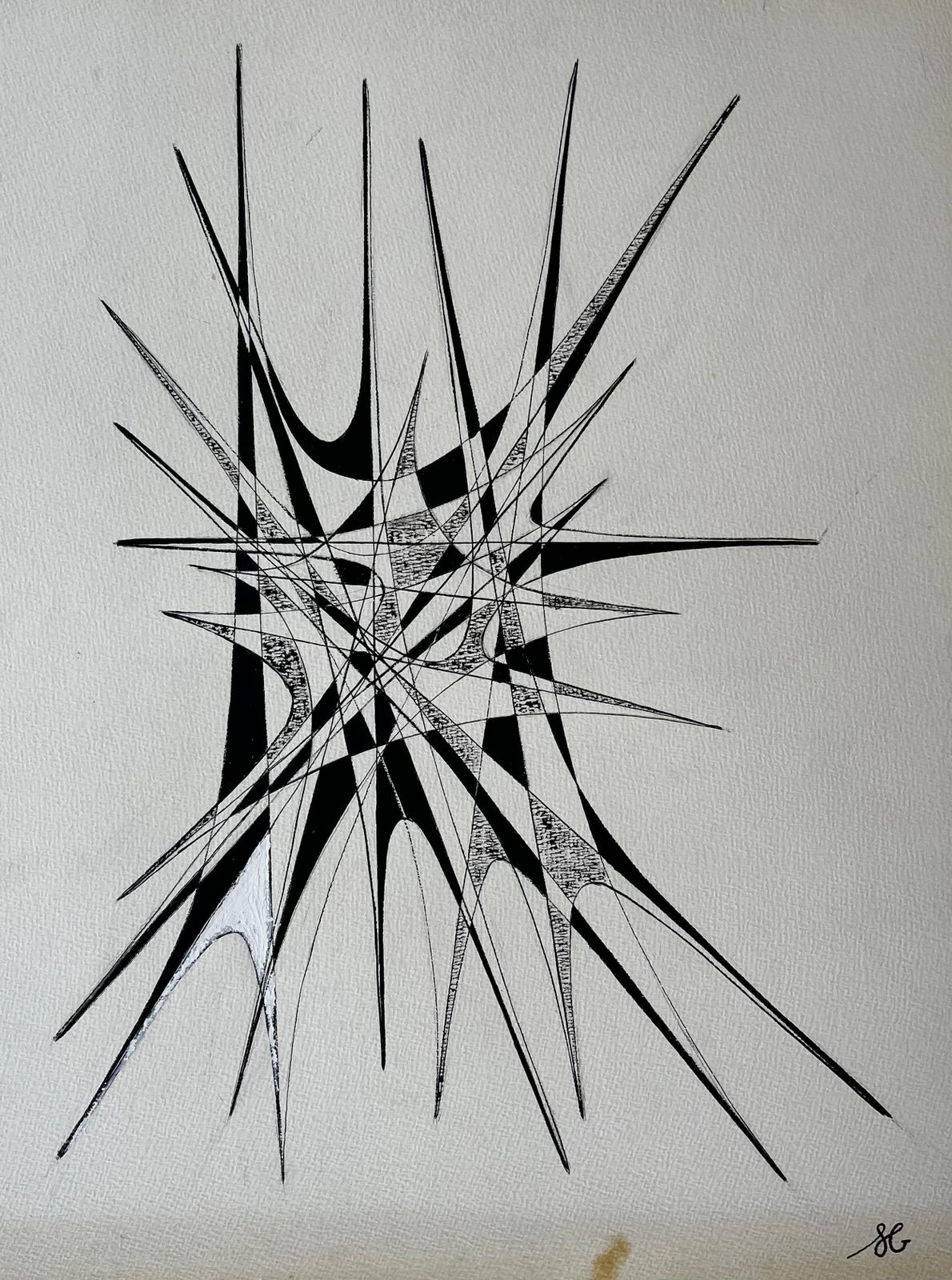 Serge Guerin (1916)architectural Abstract Ink Composition By Serge Guerin French B1916