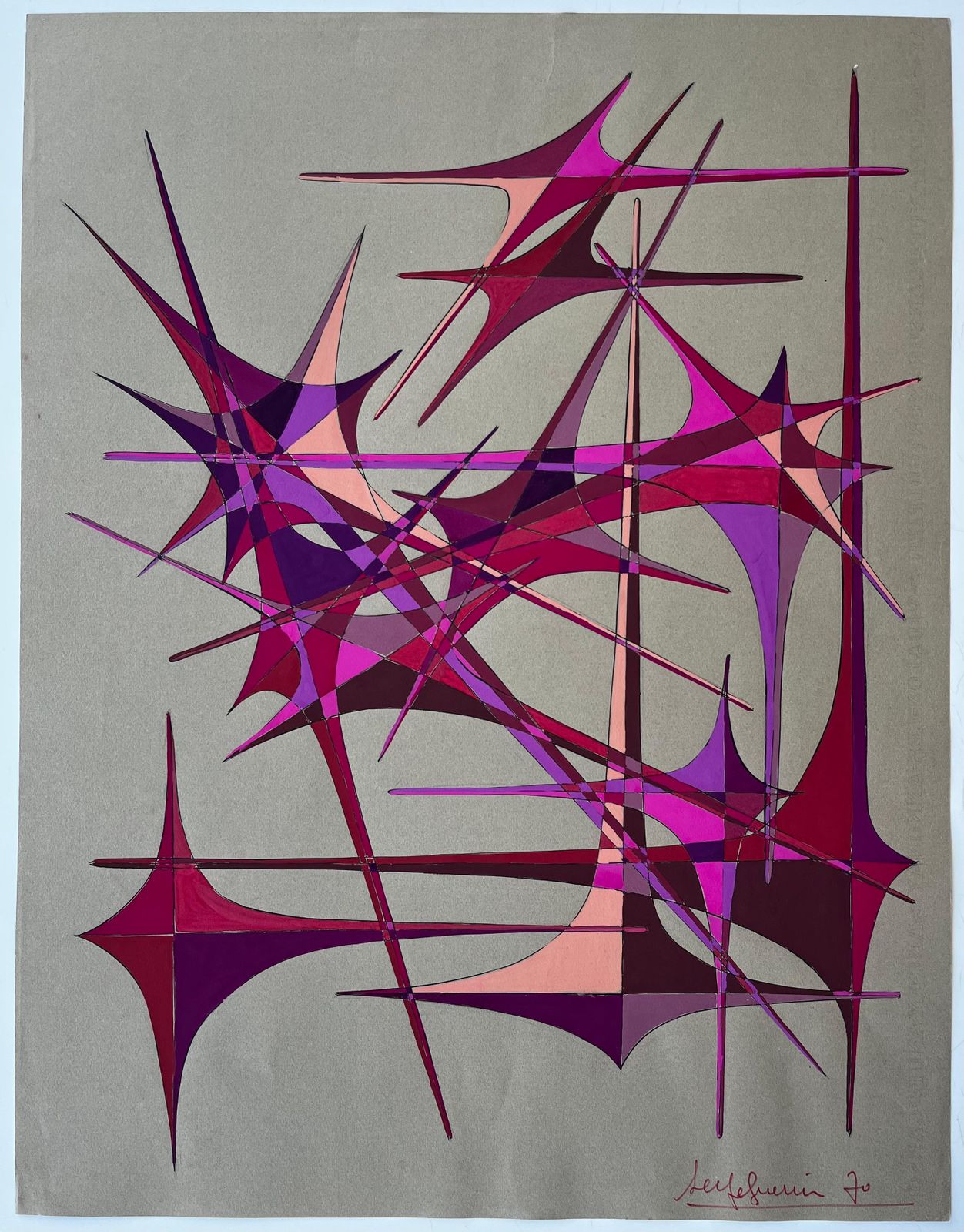 Serge Guerin (1916)mid Century French Geometric Abstract In Red And Violet Gouache On Paper photo furniture