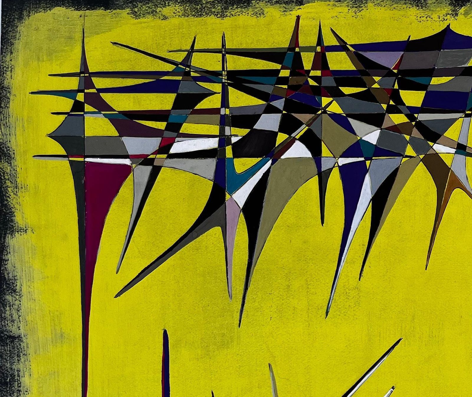Serge Guerin (1916)mid Century French Geometric Abstract With Spires On Yellow Background1970 photo for sale