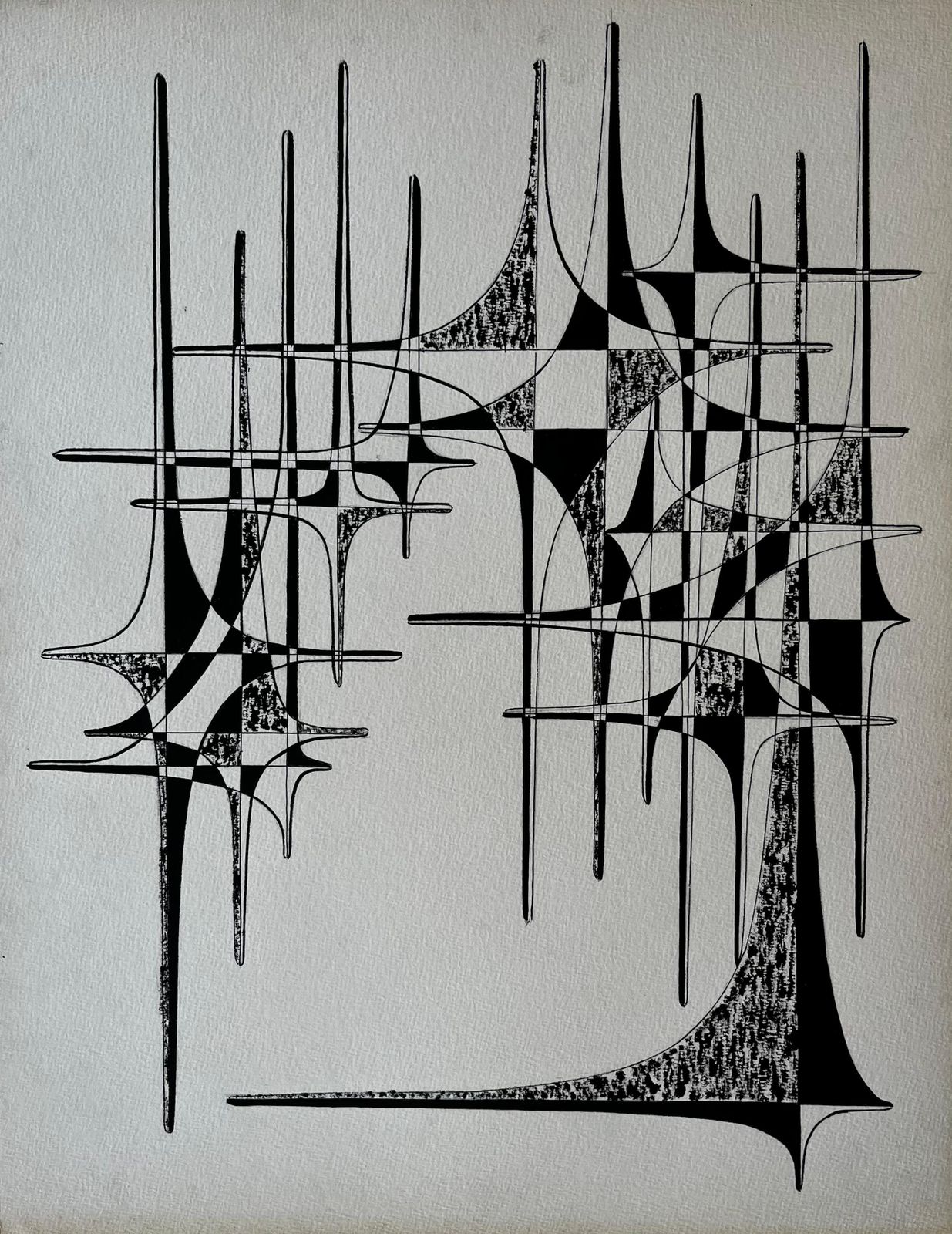 Serge Guerin (1916)mid Century French Geometric Abstract Ink Drawing On Paper