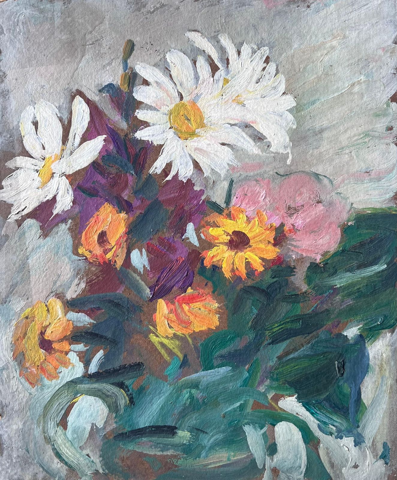 Suzanne Dinkesmid Century French Impressionist Oil Painting Still Life Garden Wild Flowers1950's
