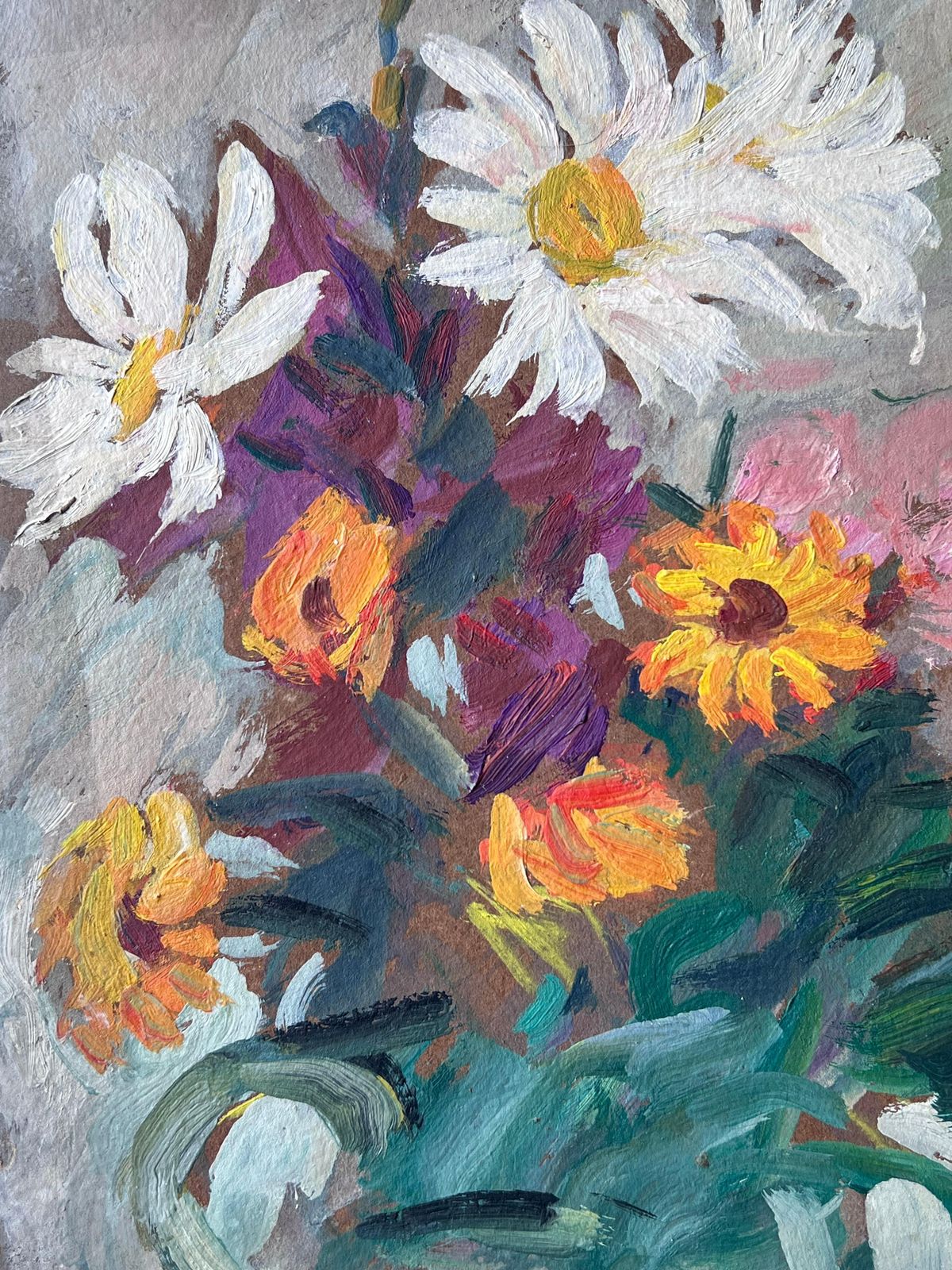 Suzanne Dinkesmid Century French Impressionist Oil Painting Still Life Garden Wild Flowers1950's photo for sale