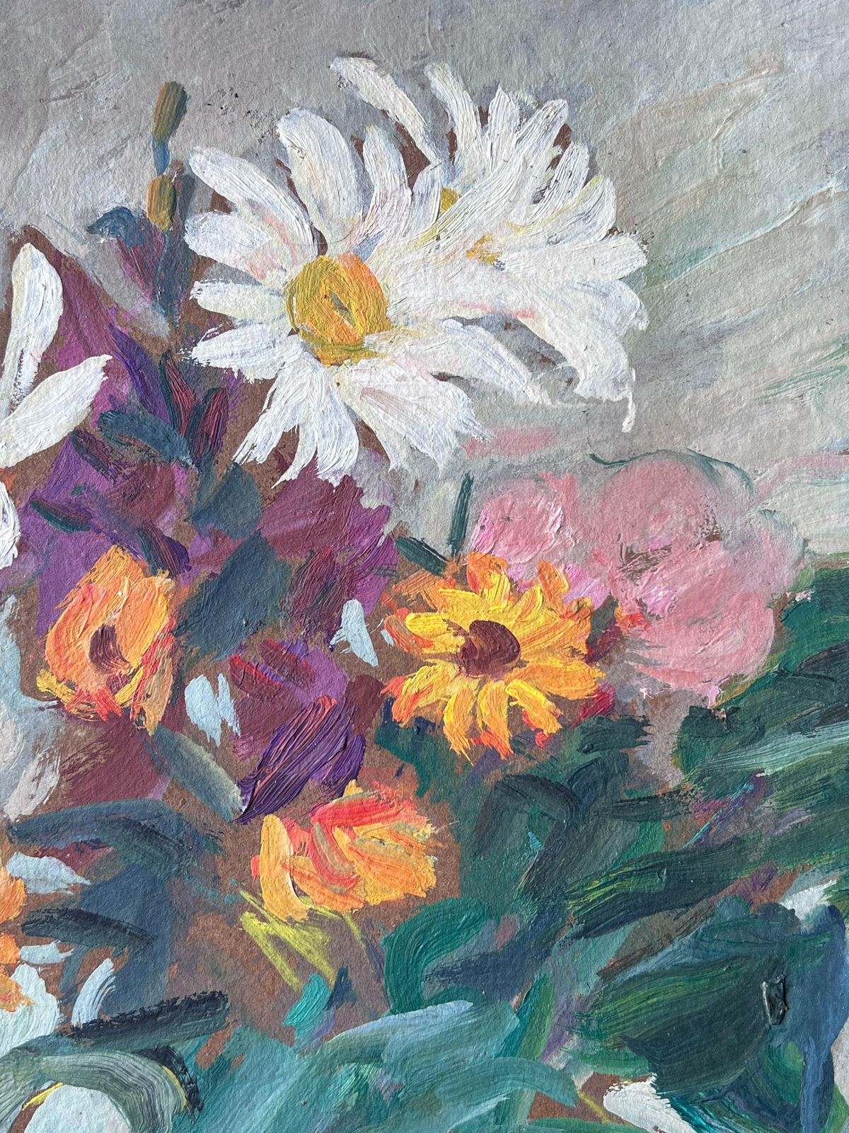 Suzanne Dinkesmid Century French Impressionist Oil Painting Still Life Garden Wild Flowers1950's photo Art