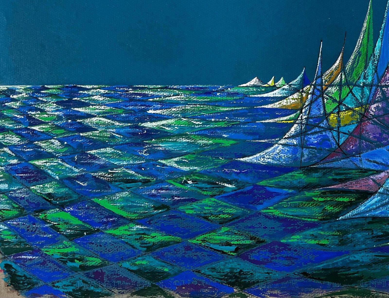 Serge Guerin (1916)mid Century French Abstract Seascape In Blue And Green Signed Sg photo vinterior