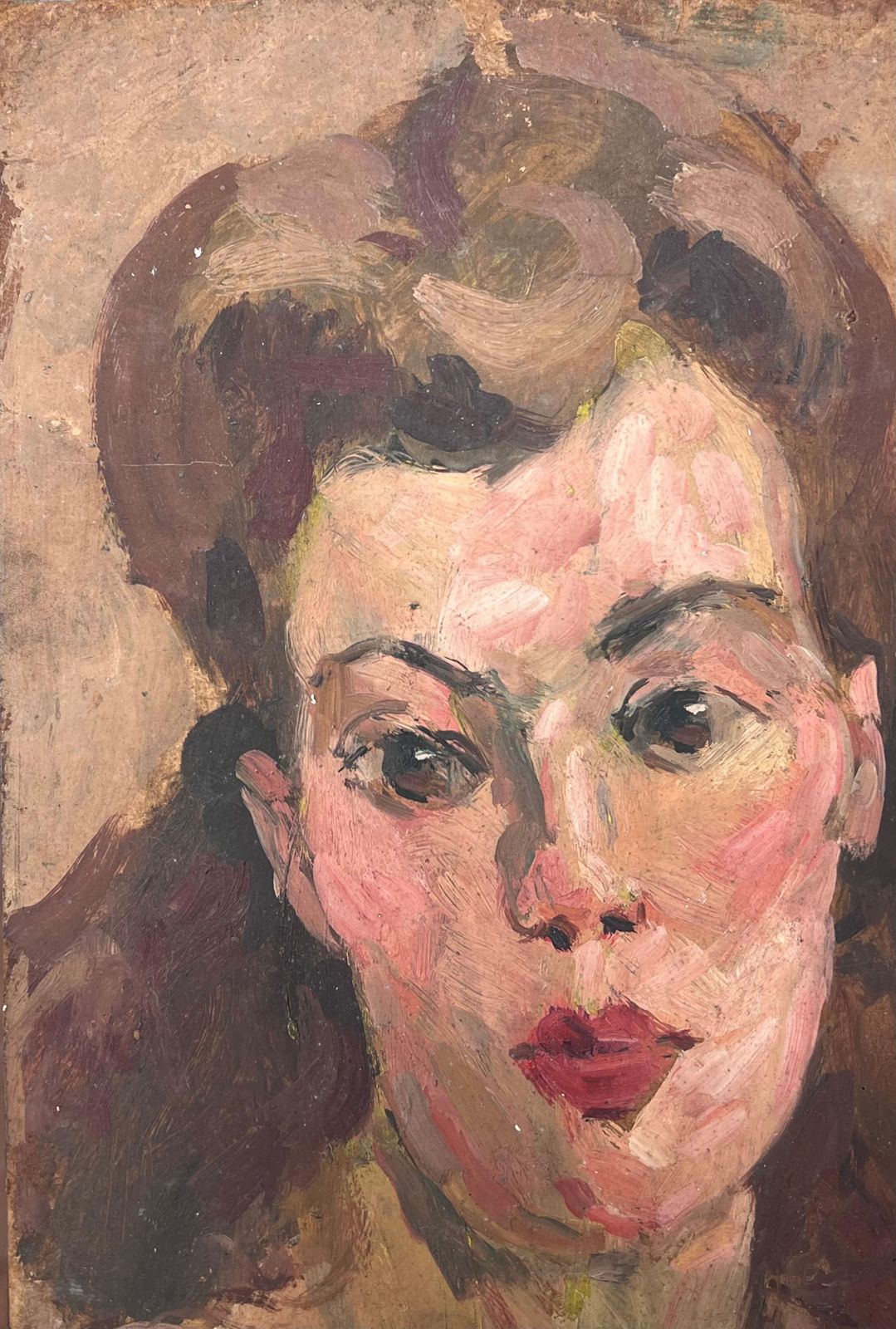 Suzanne Dinkesmid Century French Impressionist Oil Portrait Of Young Woman Hair Tied Back1950's photo for sale