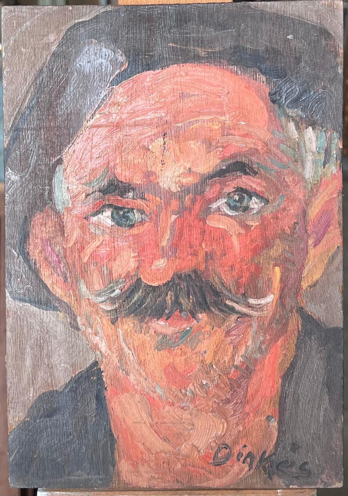 Suzanne Dinkesmid Century French Impressionist Signed Oil Man In Beret With Moustache Portrait1950's photo furniture