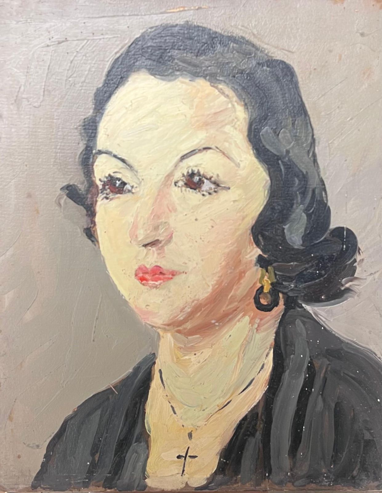 Suzanne Dinkesmid Century French Impressionist Oil Portrait Of Woman Dark Hair1950's