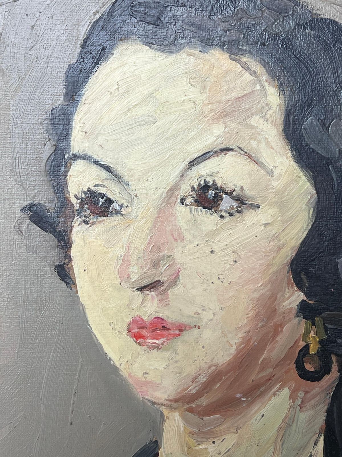 Suzanne Dinkesmid Century French Impressionist Oil Portrait Of Woman Dark Hair1950's photo vinterior